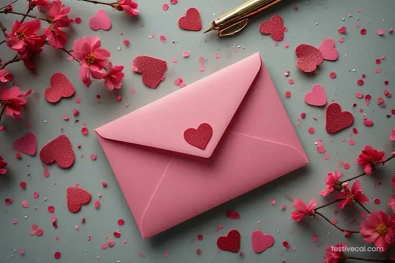 Aesthetic Valentine's Day card and envelope flat-lay with confetti.