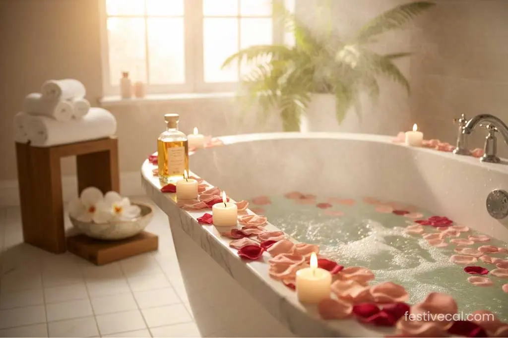 Essentials for a romantic at-home spa night on Valentine's Day.