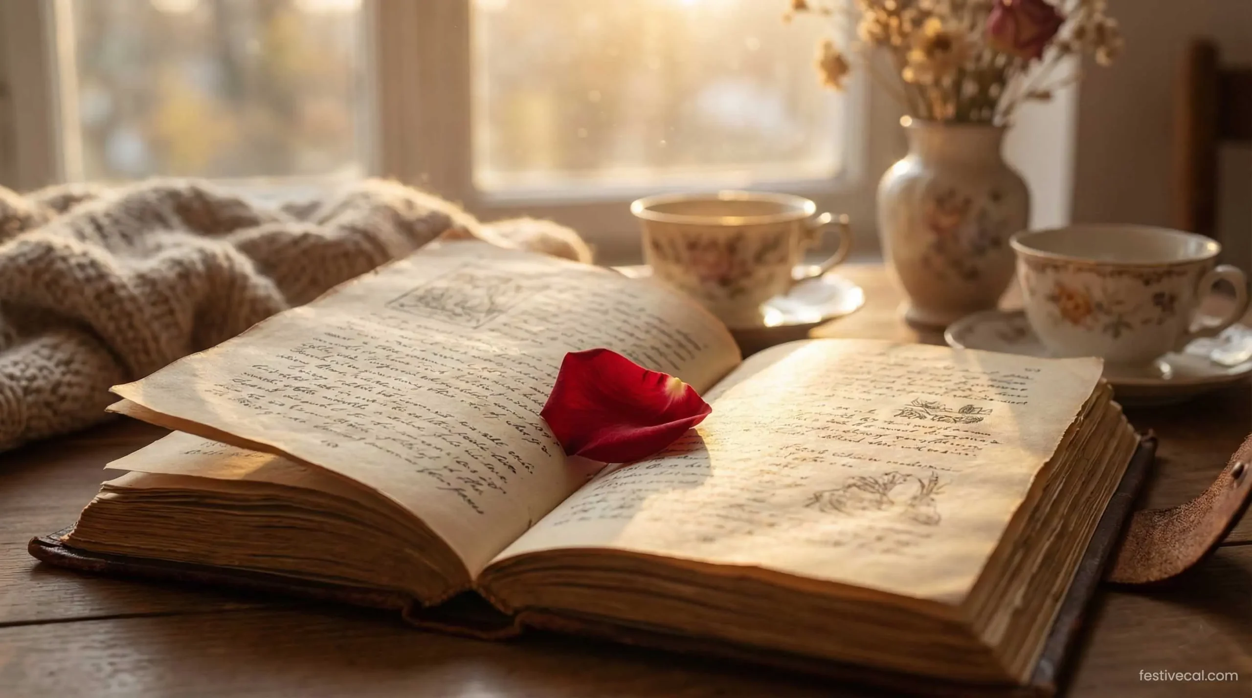 An open vintage book with a rose petal, representing classic romantic quotes for Valentine's Day.