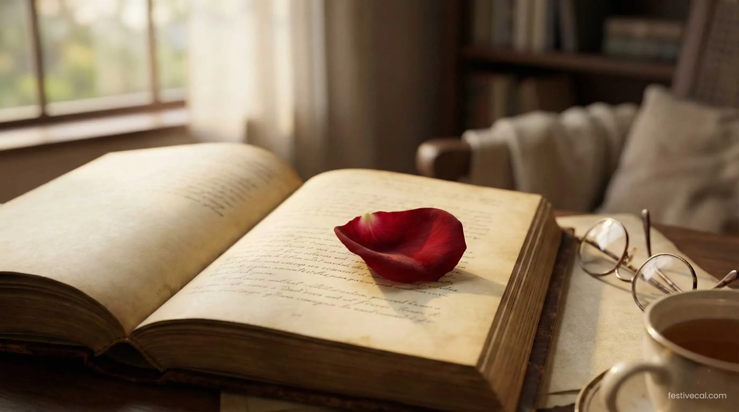 An open vintage book with a rose petal, representing classic romantic quotes for Valentine's Day.