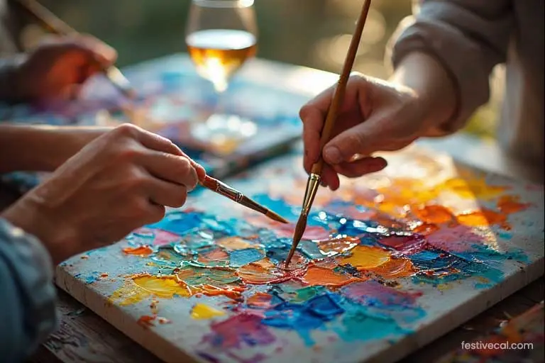 A couple enjoying a DIY paint and sip date night at home.