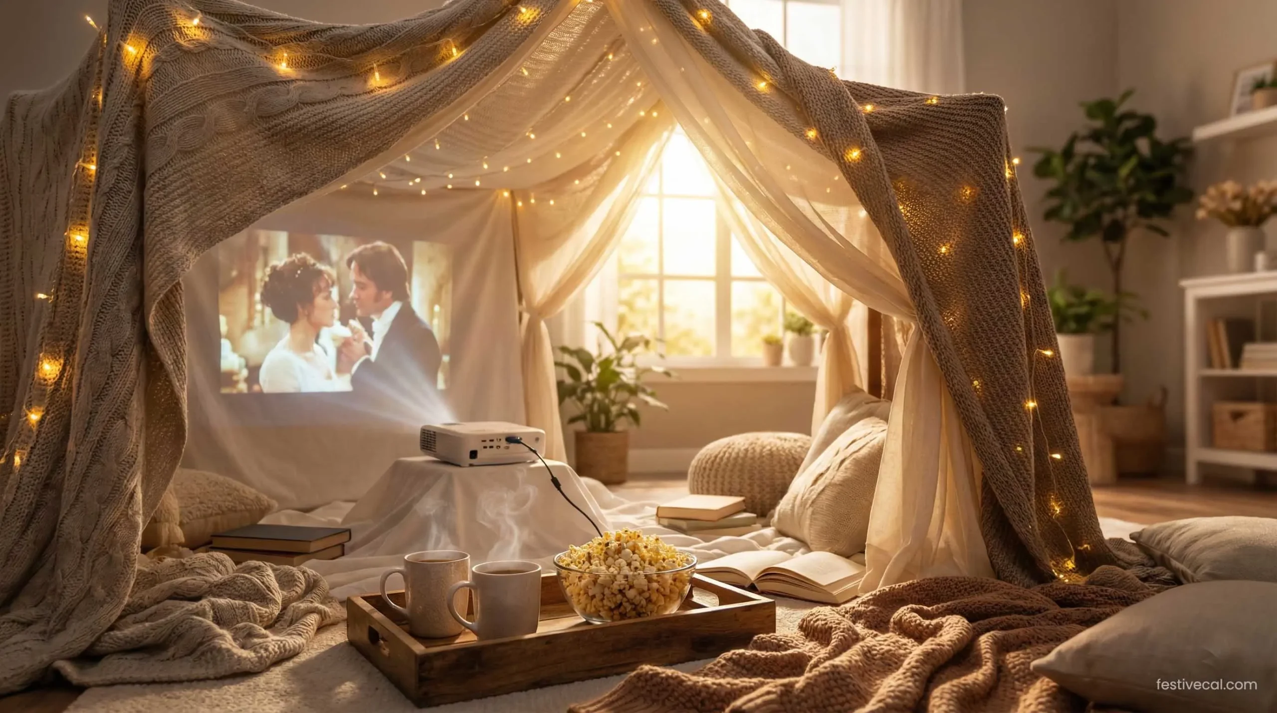 A romantic blanket fort setup for an at-home Valentine's Day movie night.