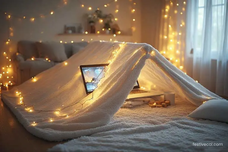 A romantic blanket fort setup for an at-home Valentine's Day movie night.