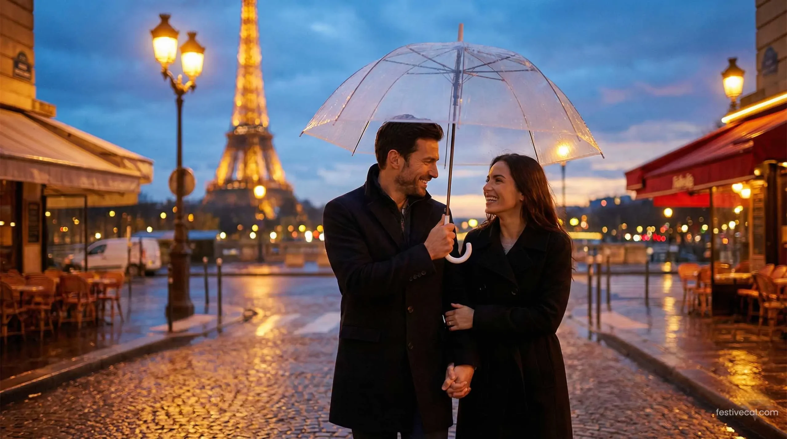 A couple walking in Paris near the Eiffel Tower, the most romantic place for Valentine's Day.