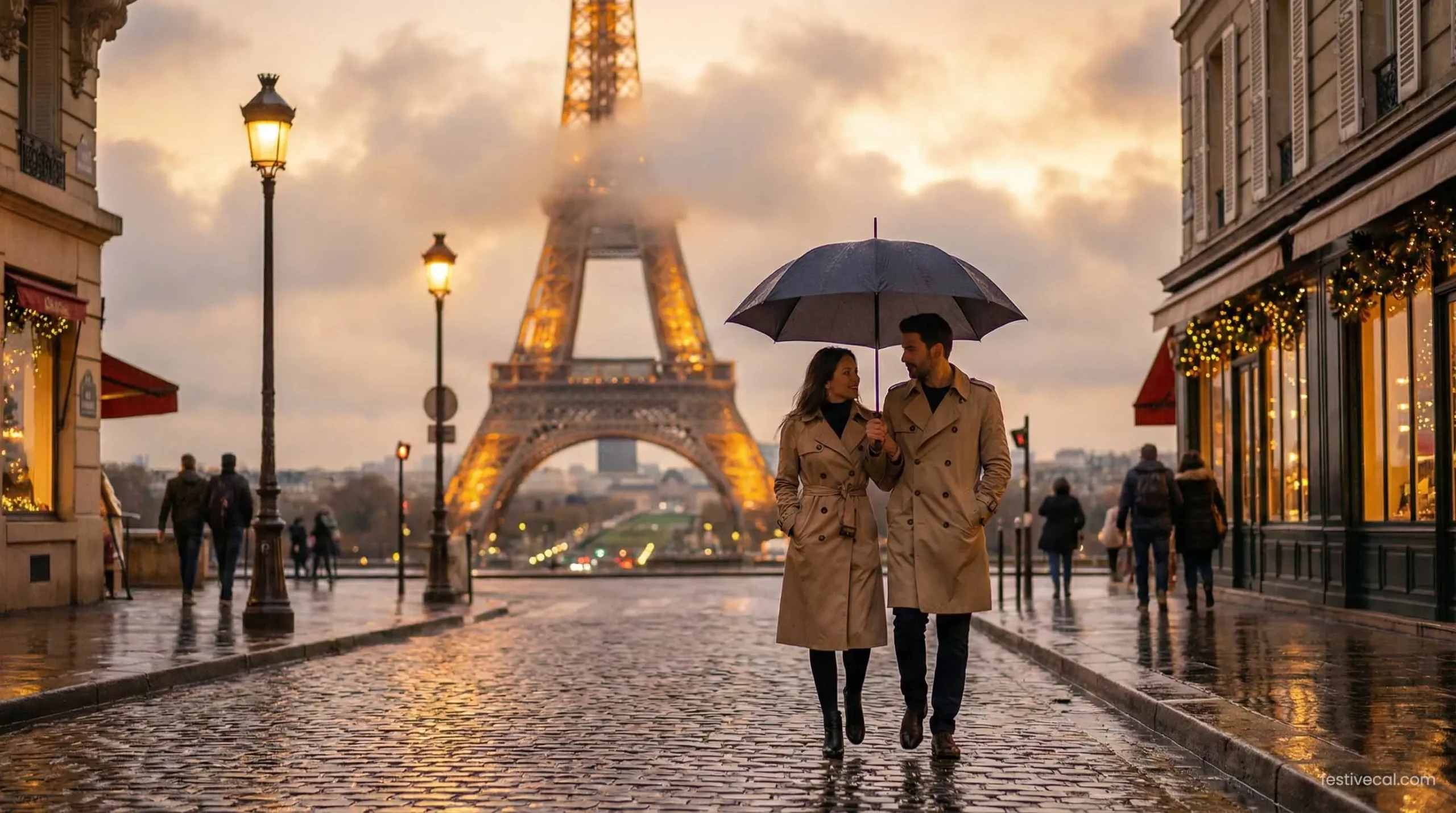 A couple walking in Paris near the Eiffel Tower, the most romantic place for Valentine's Day.