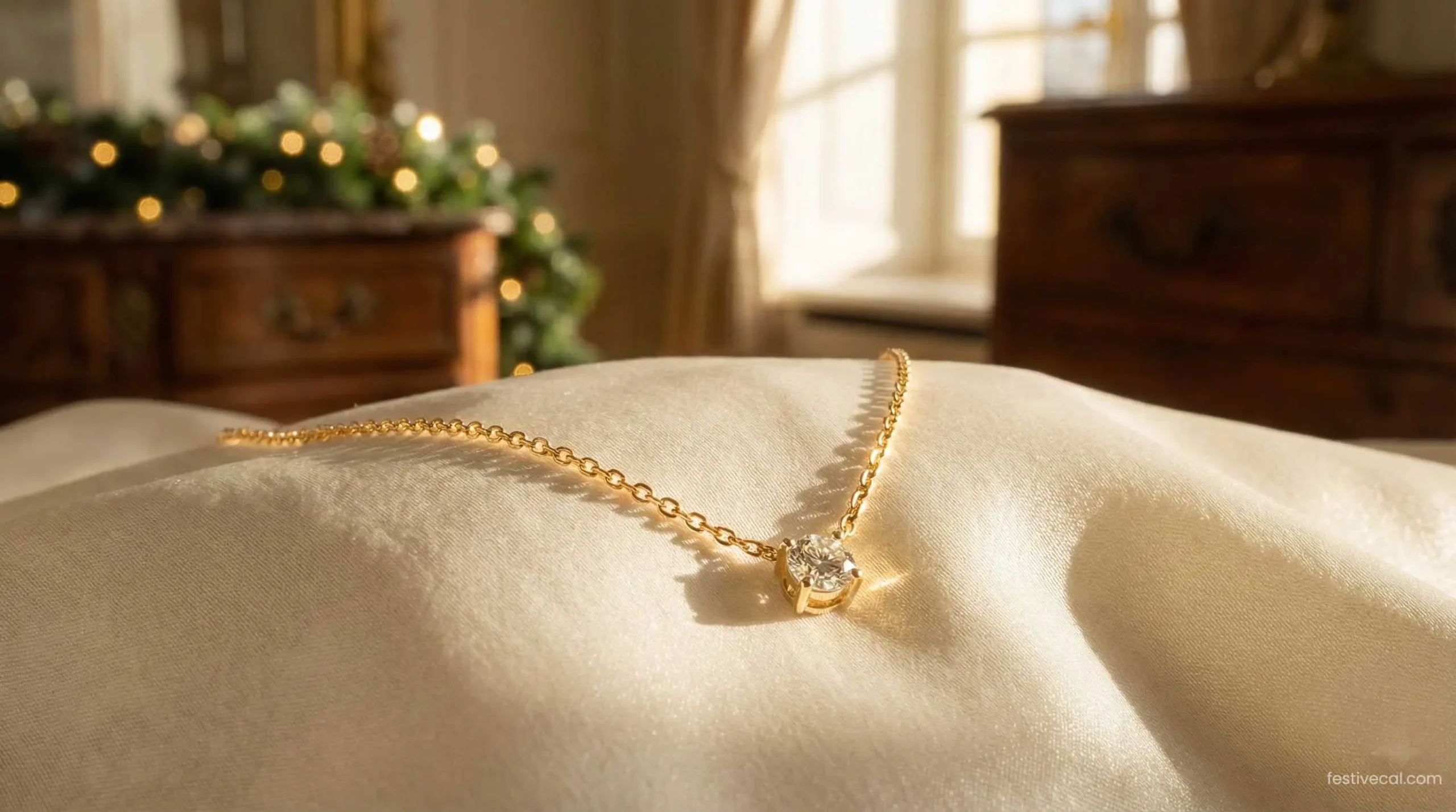 A delicate gold diamond necklace, a perfect romantic Valentine's Day gift for her.