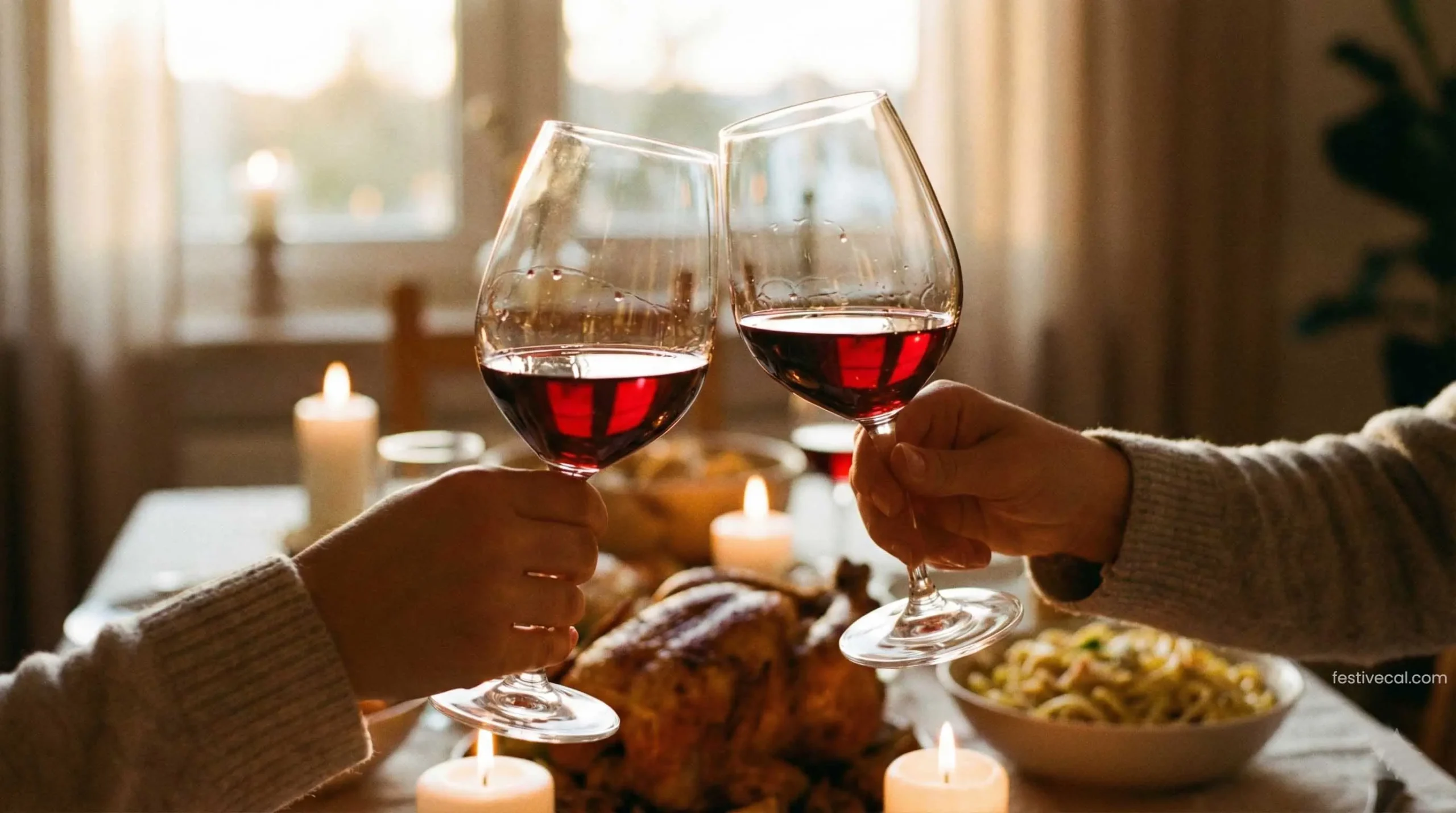 Romantic Valentine's Day dinner toast with wine glasses by candlelight.