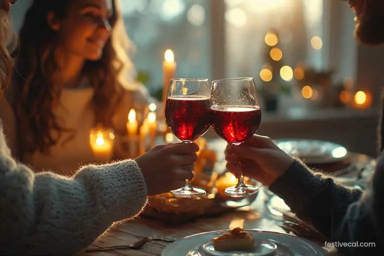A romantic couple toasting with wine glasses over a candlelit dinner at home on Valentine's Day.