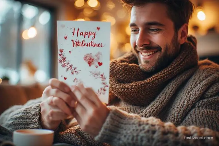A husband reading a romantic Valentine's Day card from his wife.