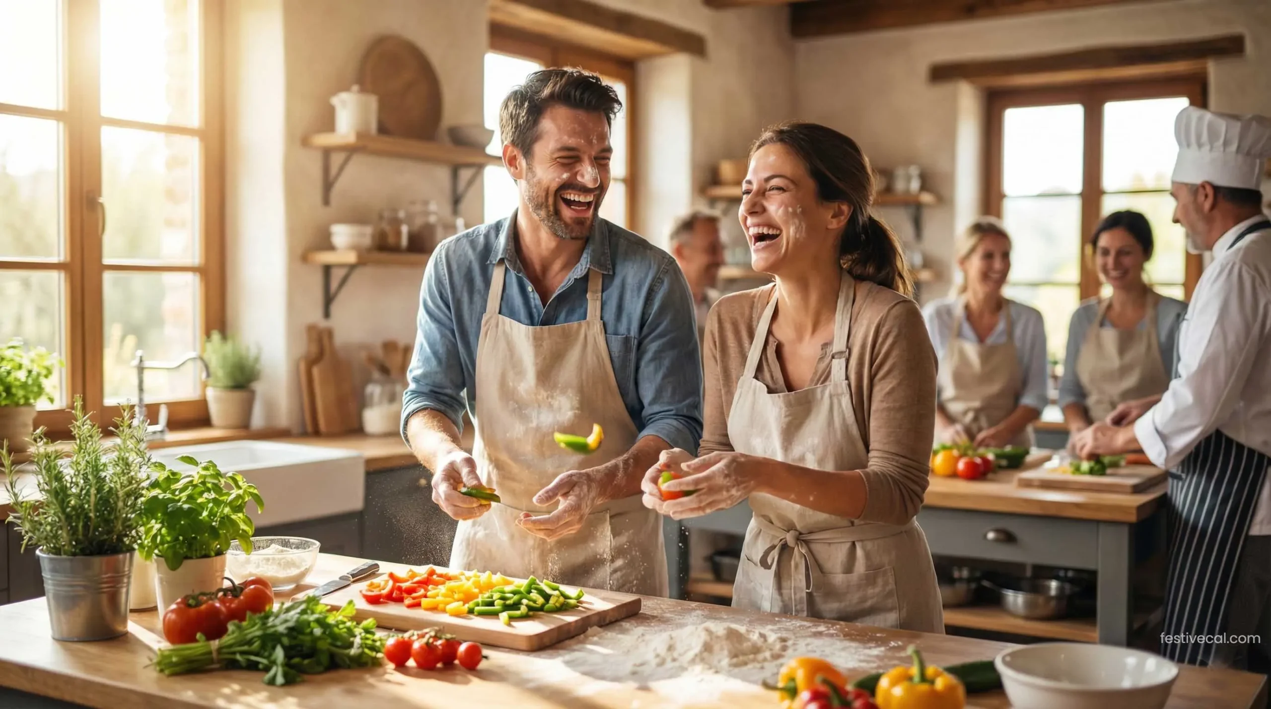 A happy couple enjoying a cooking class together as a Valentine's Day experience gift.