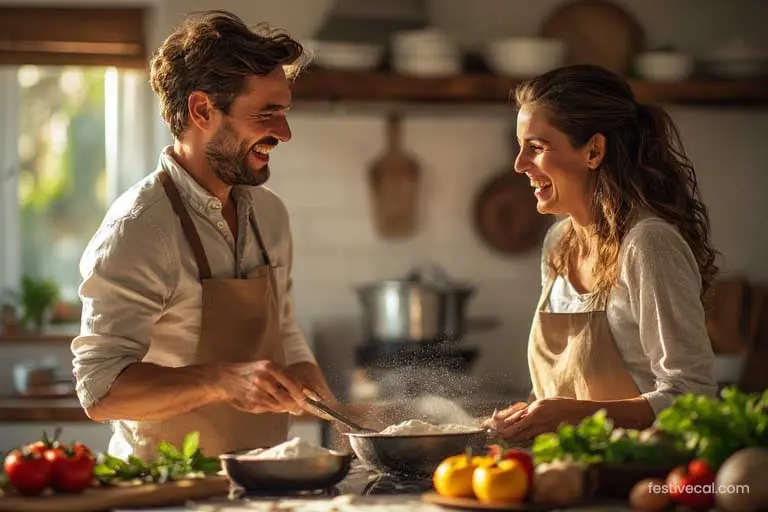 A happy couple enjoying a cooking class together as a Valentine's Day experience gift.