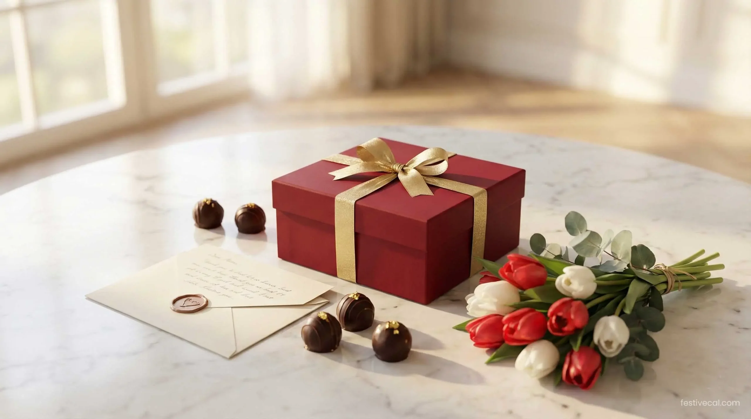 Flat-lay of romantic Valentine's Day gifts including chocolate and a letter.