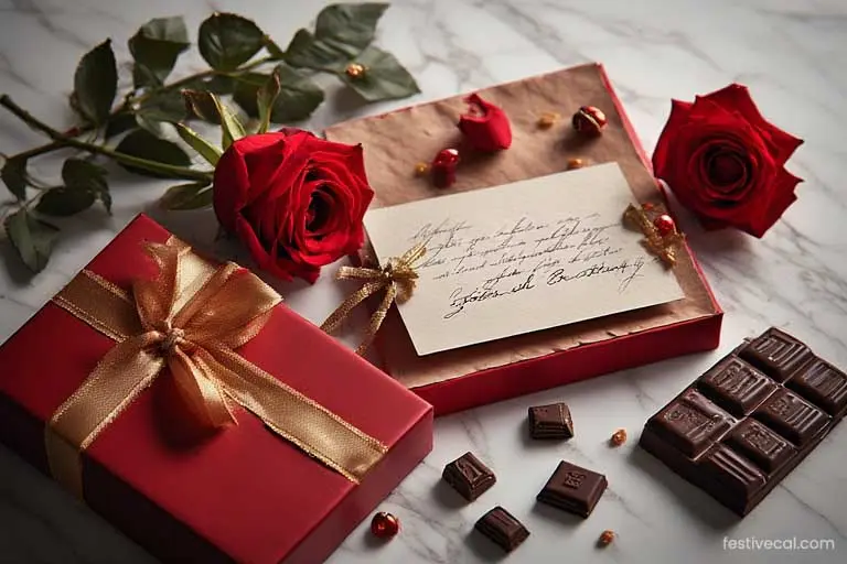 A flat-lay of romantic Valentine's Day gift ideas, including a gift box, a rose, and chocolate.