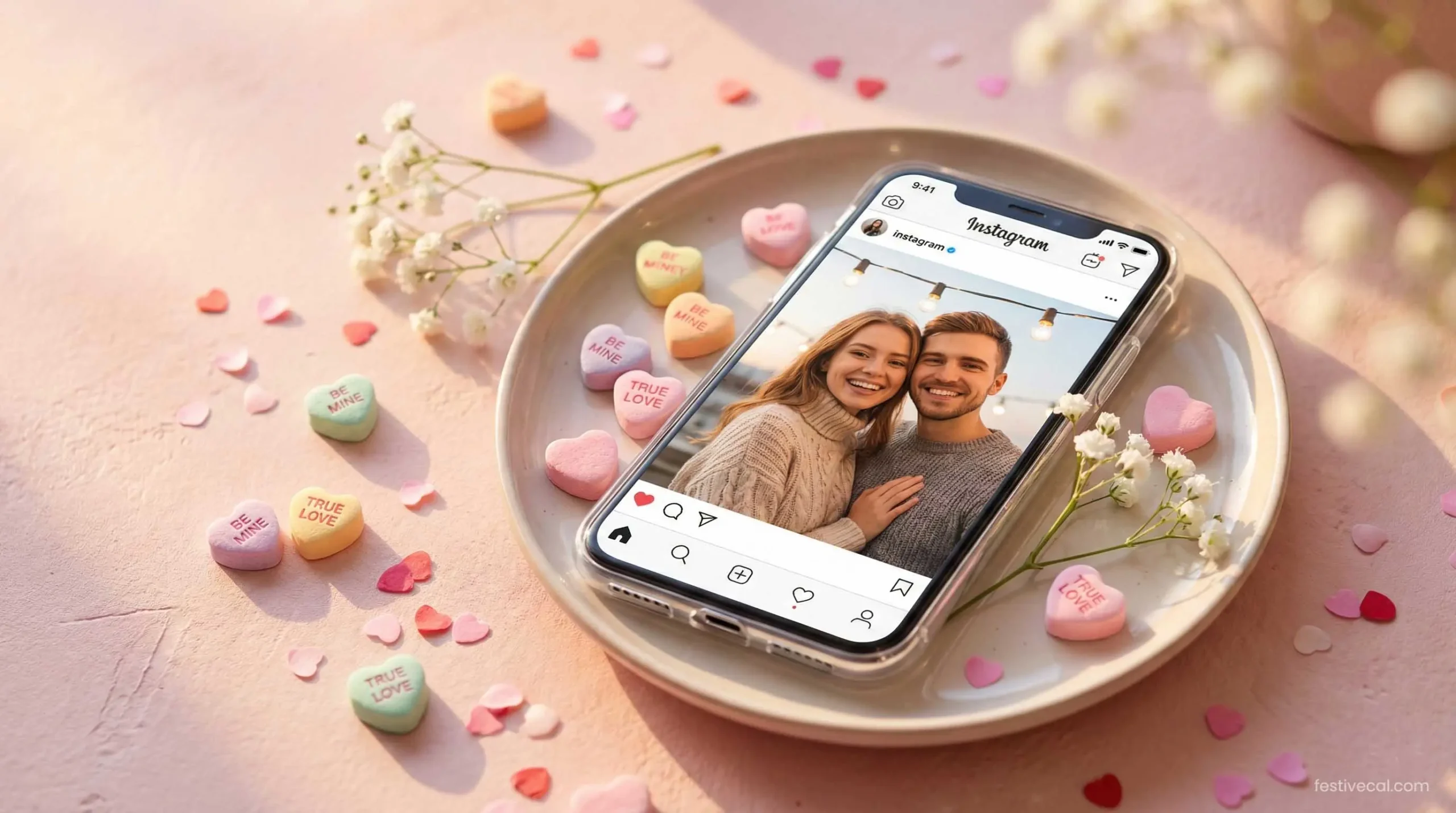 Smartphone showing an Instagram post, representing Valentine's Day captions.