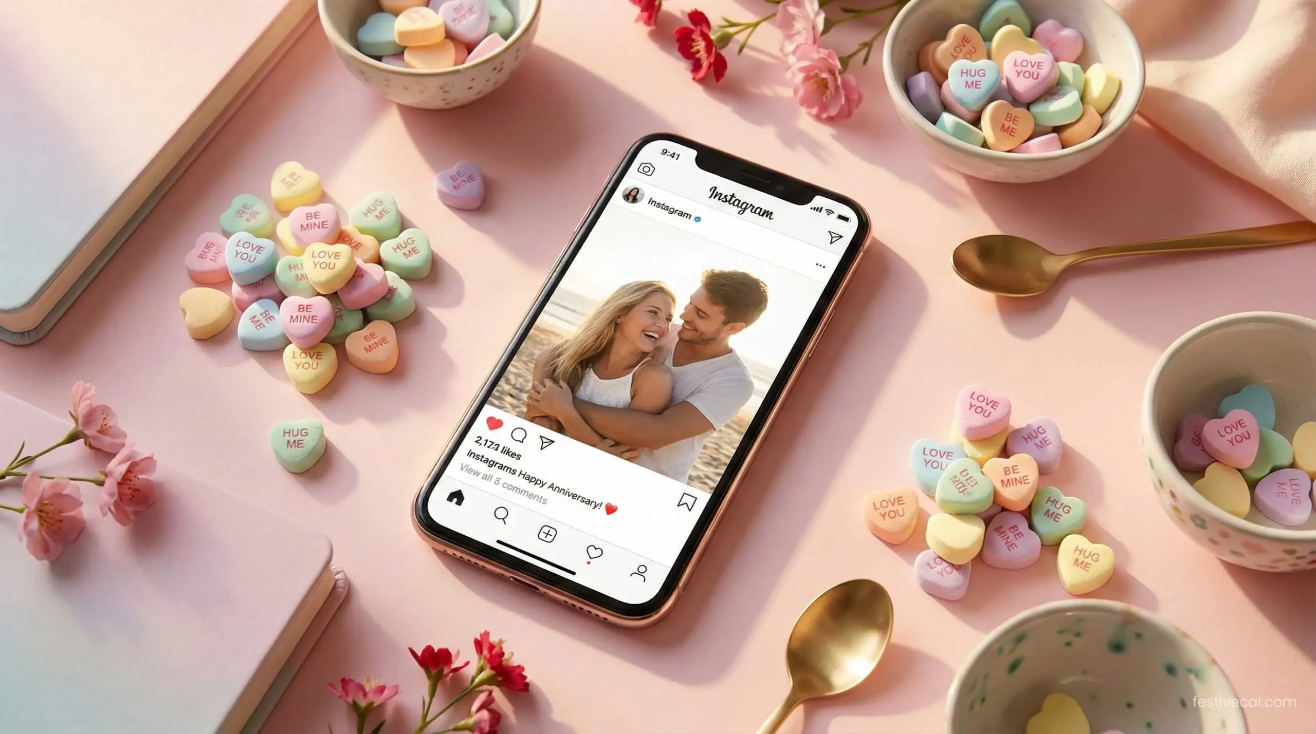 Smartphone showing an Instagram post, representing Valentine's Day captions.