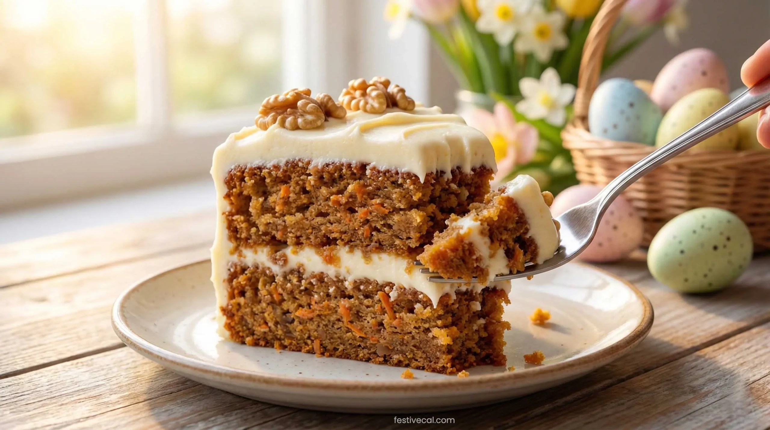 Slice of moist carrot cake with cream cheese frosting for Easter dessert.