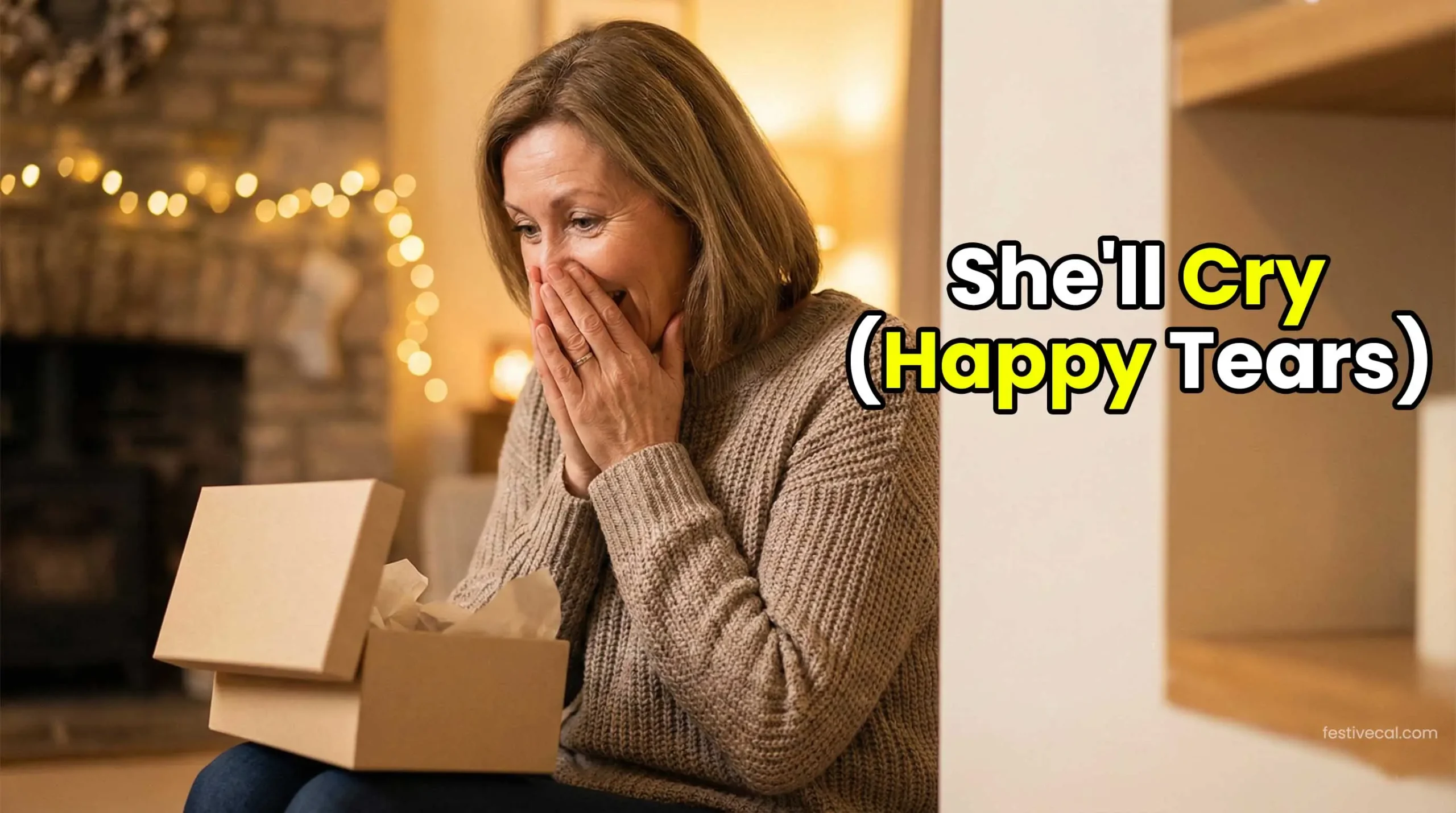 Mother looking surprised and happy opening a unique Mother's Day gift.