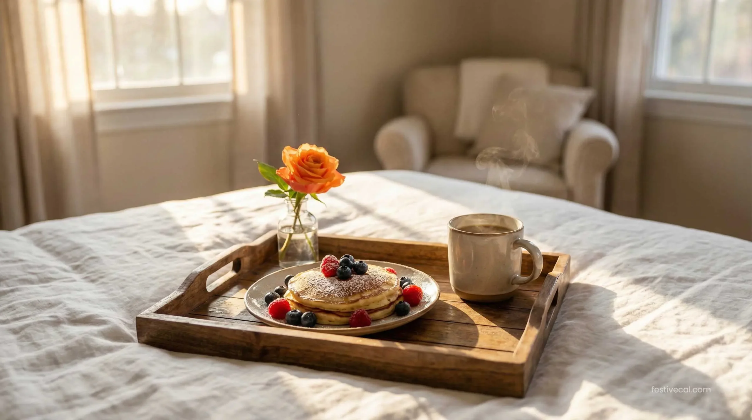 Fluffy ricotta pancakes served on a breakfast in bed tray for Mother's Day.