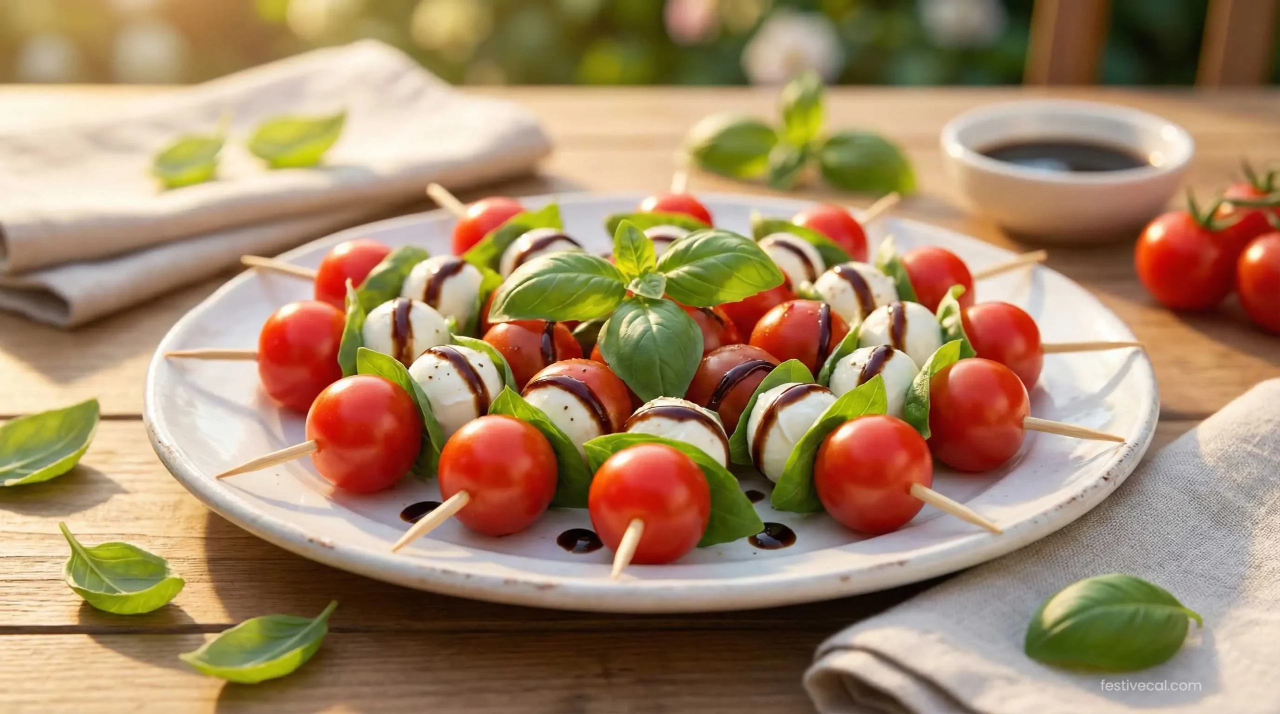 Caprese salad skewers with balsamic glaze, an easy Valentine's Day appetizer.