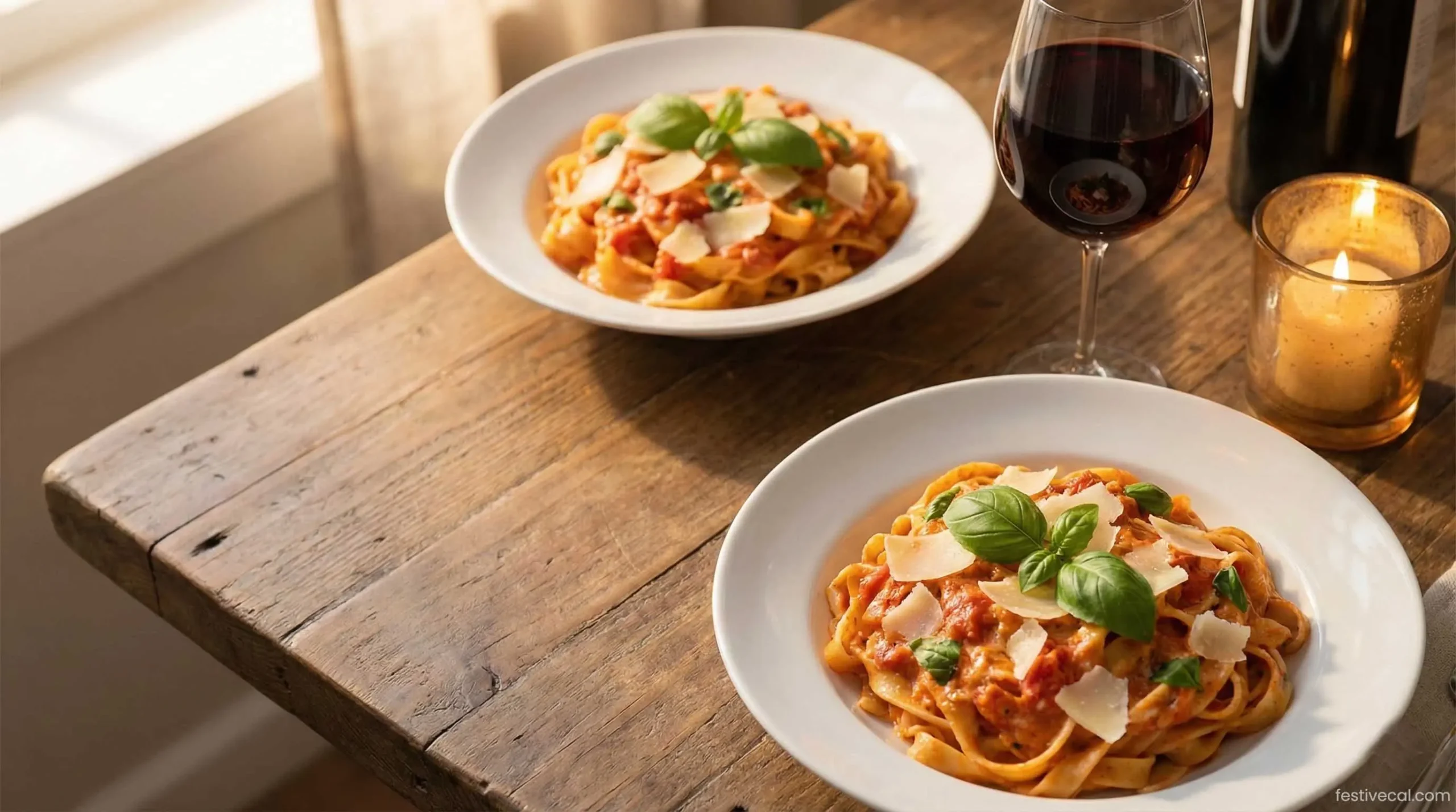 Creamy tomato pasta served for a romantic Valentine's Day dinner.