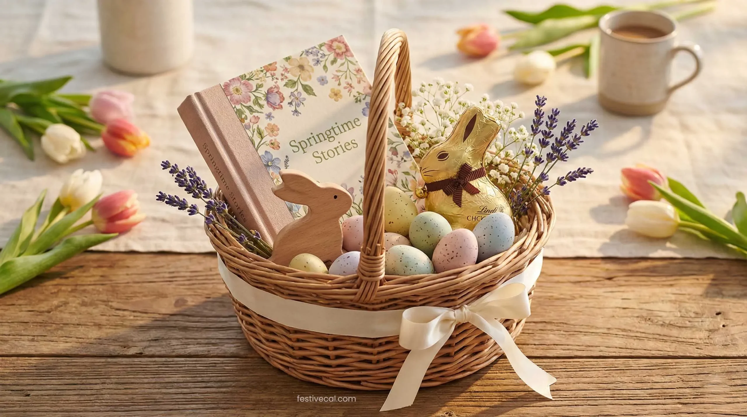 A beautifully curated Easter gift basket with chocolates and gifts.