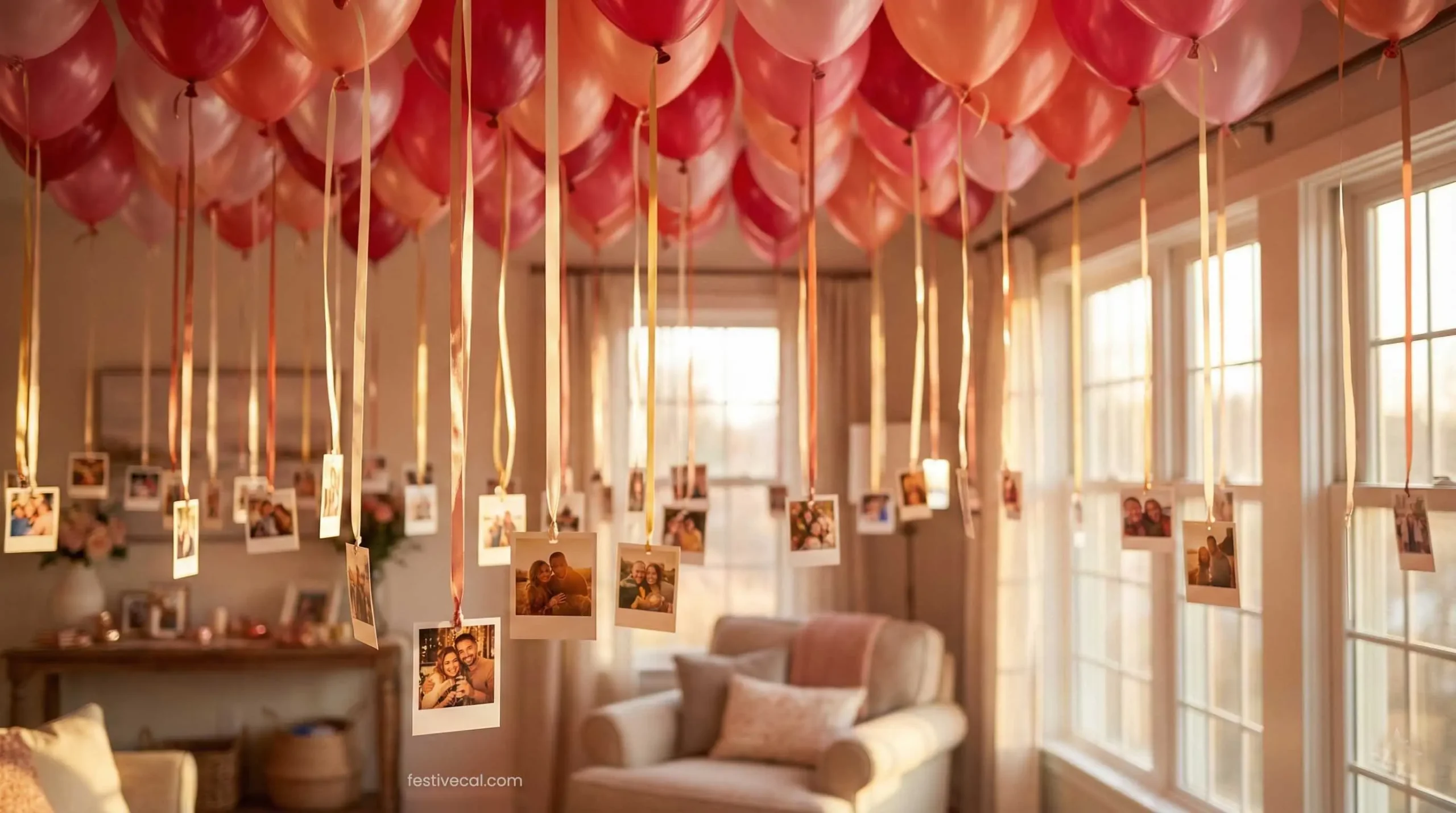 DIY Valentine's Day balloon decoration with hanging photos for a romantic surprise.