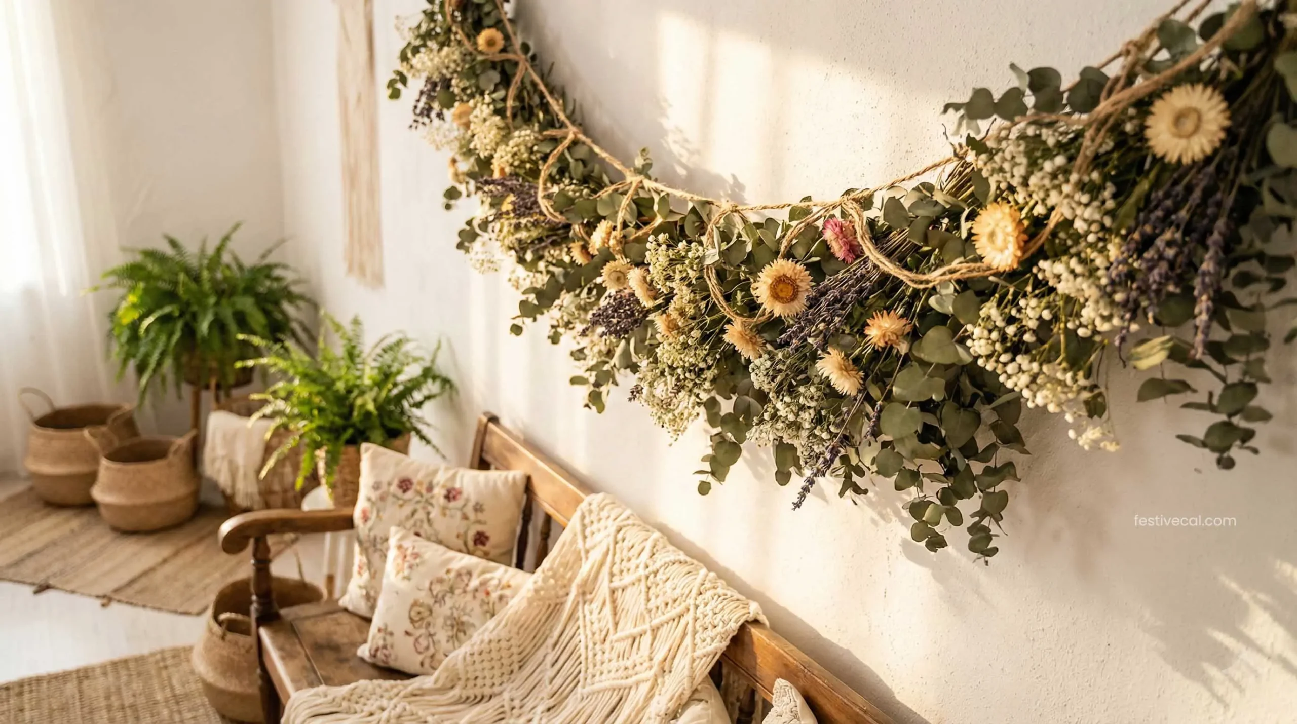 Boho style dried flower garland for romantic Valentine's Day home decor.