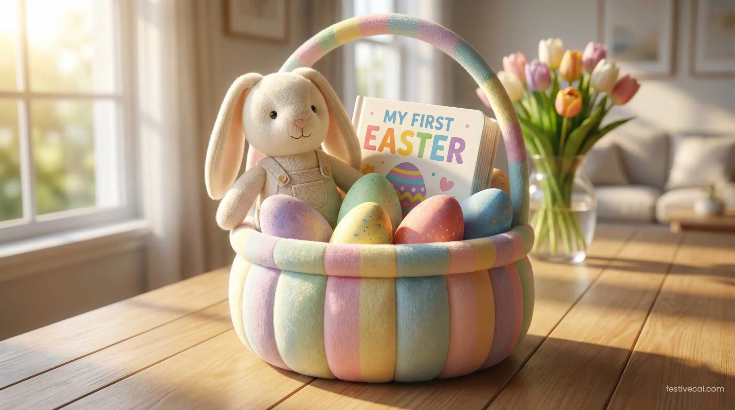 Cute Easter basket ideas for toddlers featuring plush toys and books.