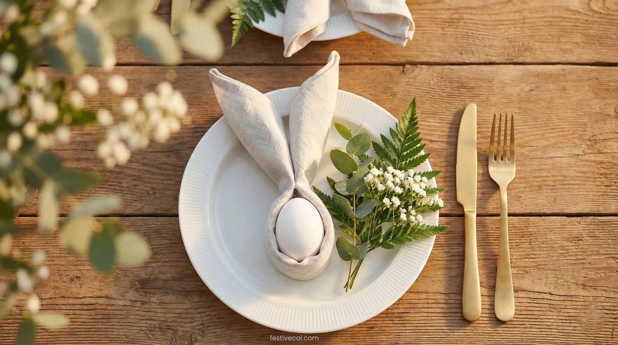 Bunny ear napkin fold, a simple DIY Easter table setting idea.