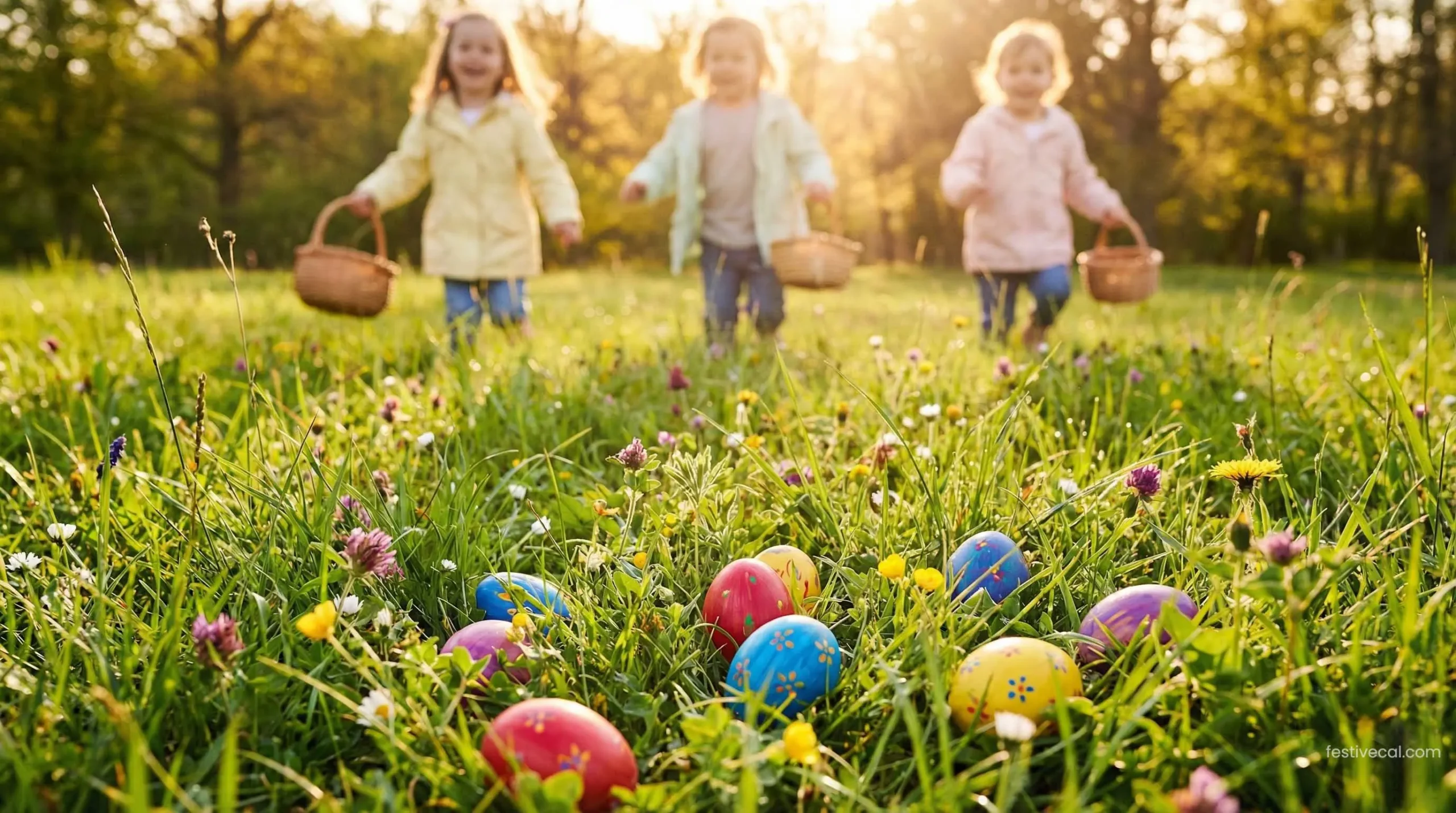 Children participating in a traditional Easter Egg Hunt on a sunny spring day.