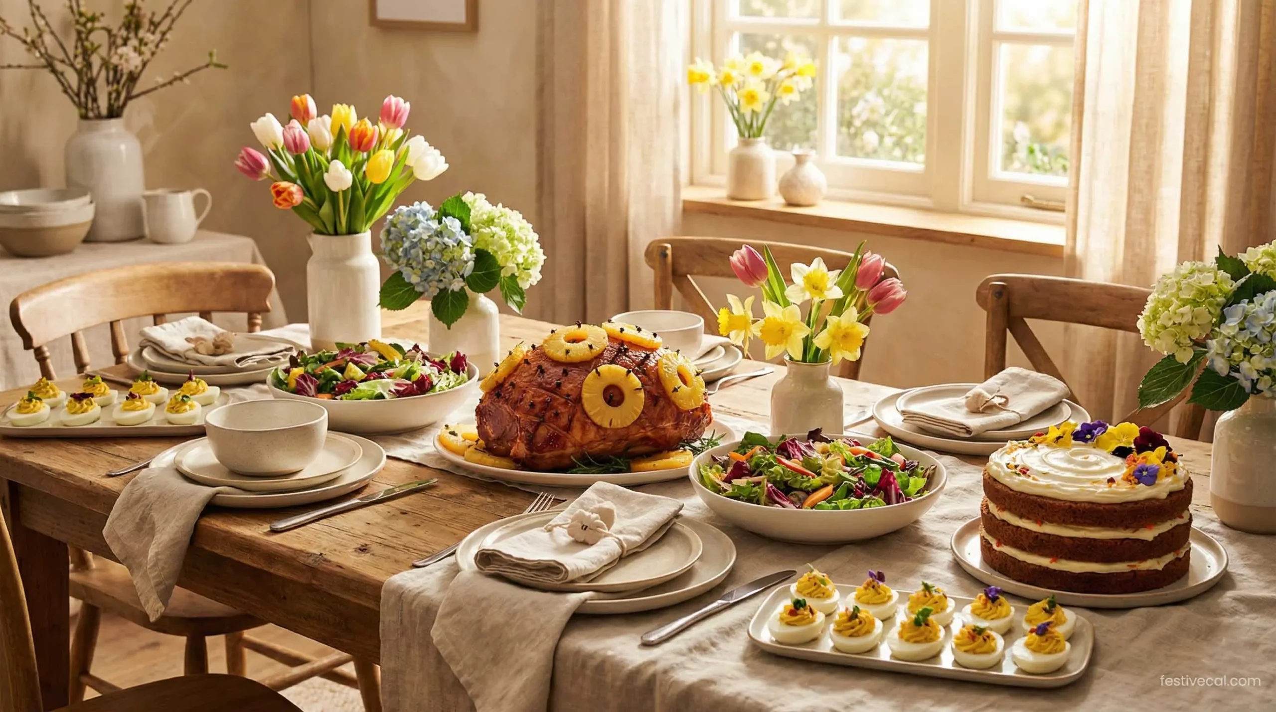 A delicious Easter Sunday brunch spread with traditional foods.