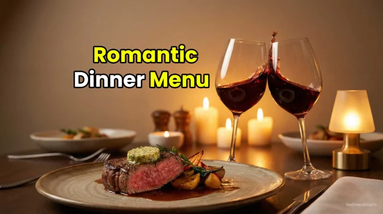 Romantic Valentine's Day dinner table setting with steak and wine.