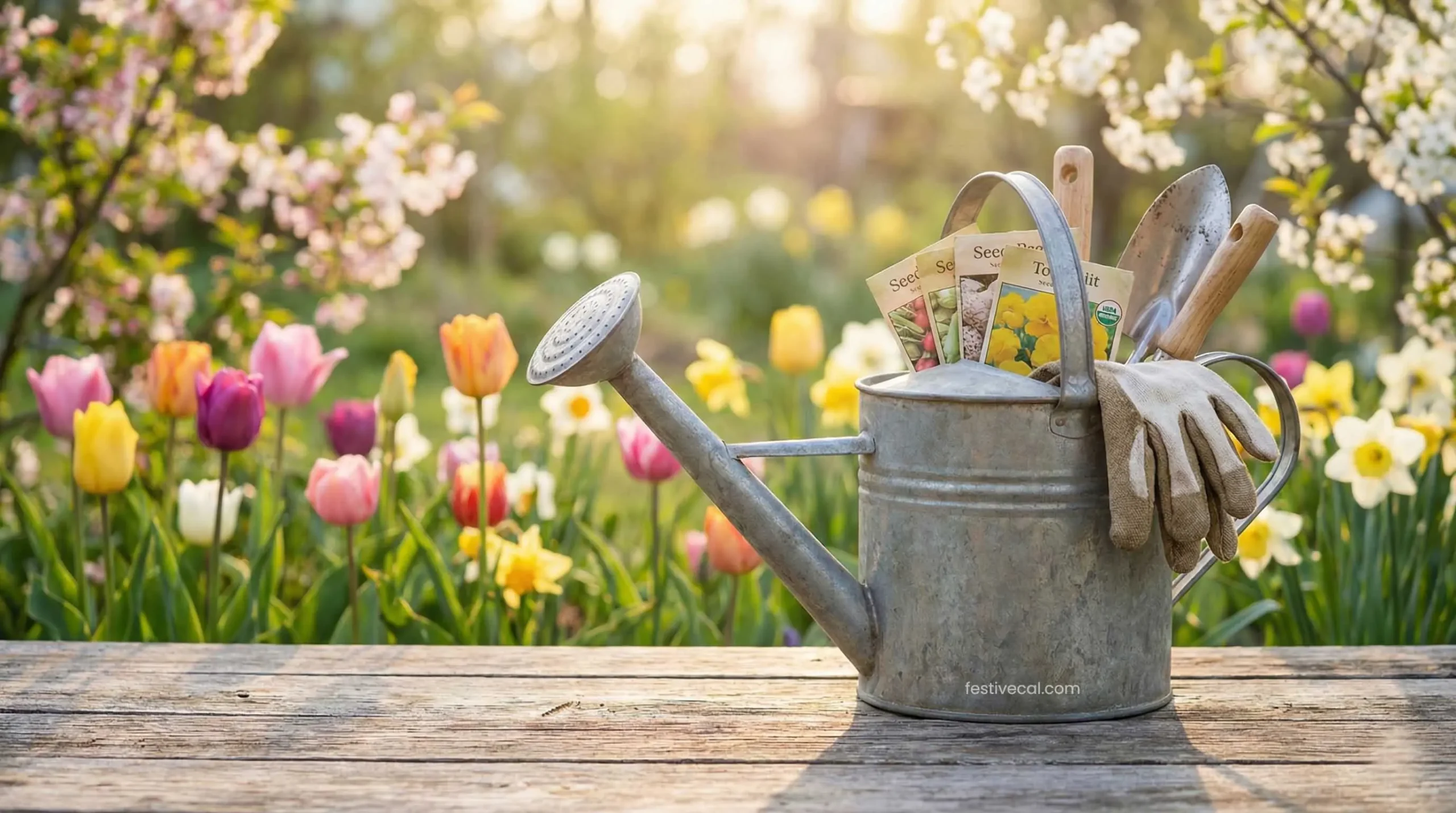 Gardening themed Easter basket ideas for adults with seeds and tools.
