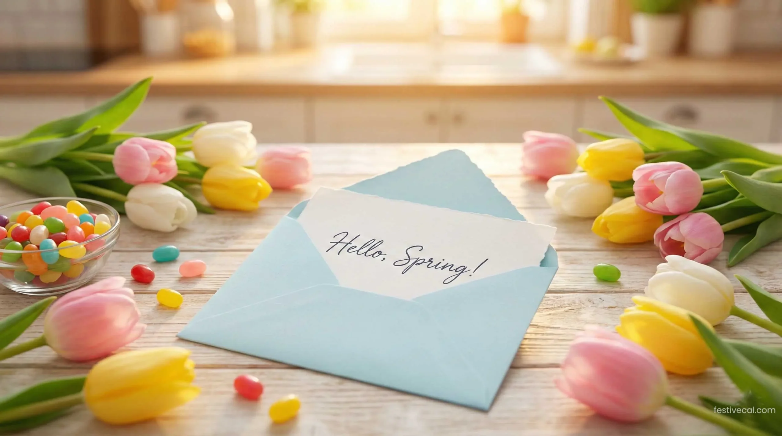Handwritten Happy Easter card surrounded by spring flowers and candy.