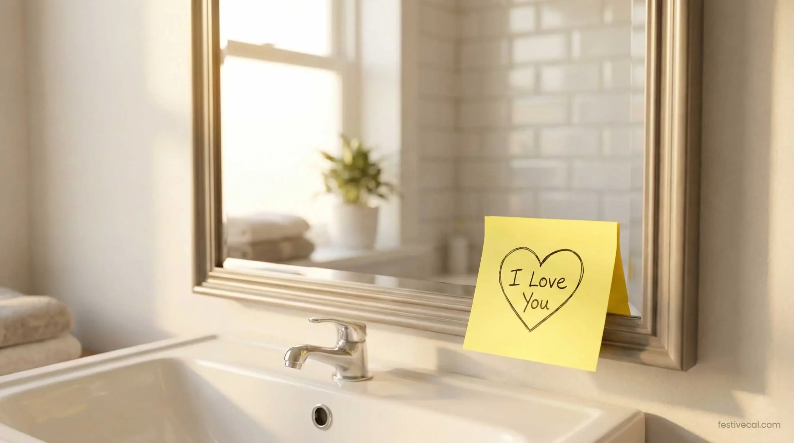 Sticky note on bathroom mirror with a love message for husband.