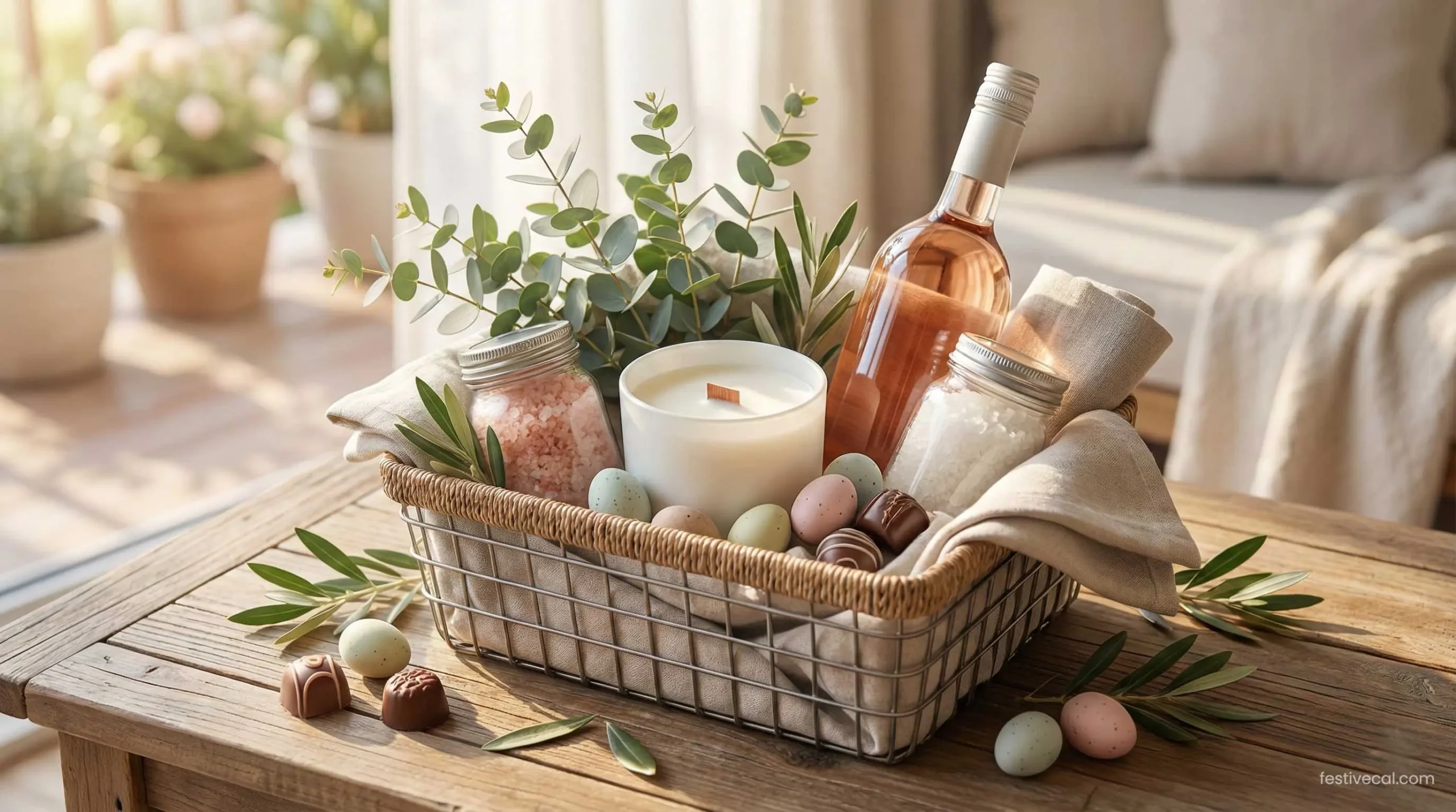 Luxury spa-themed Easter basket idea for women with wine and skincare.