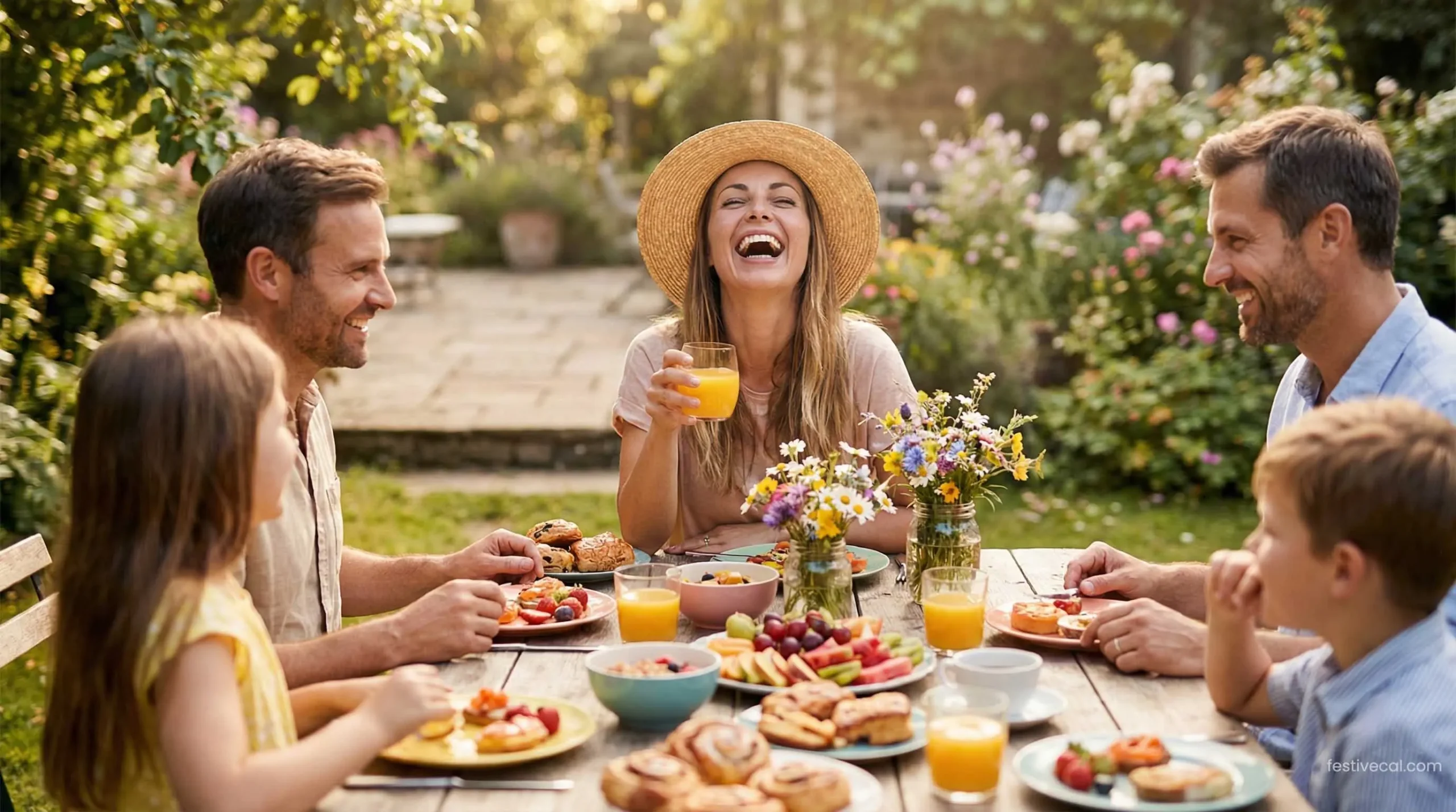 Family celebrating Mother's Day 2026 with an outdoor garden brunch.
