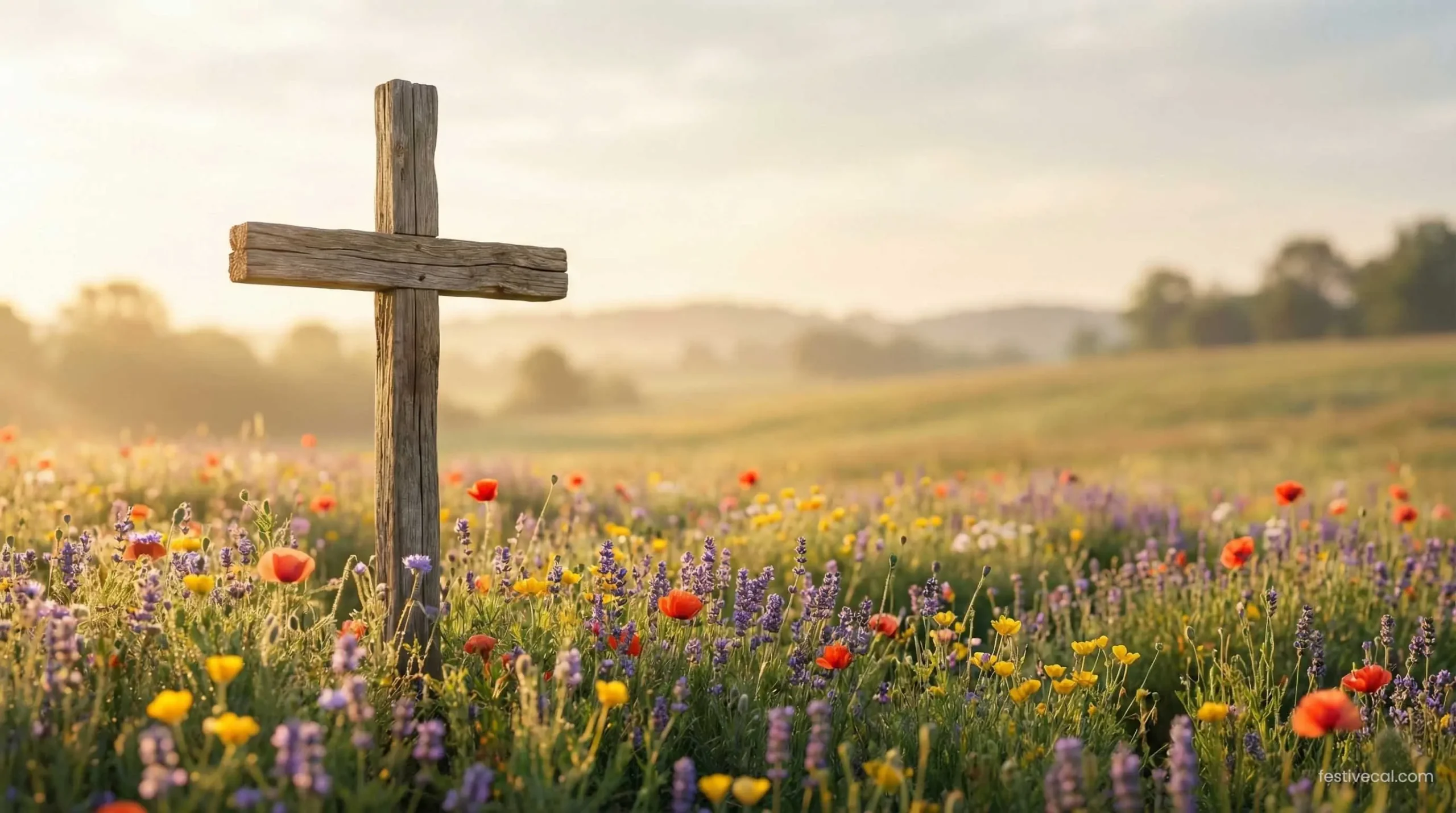 Religious Easter background with a cross and sunrise for 2026 wishes.