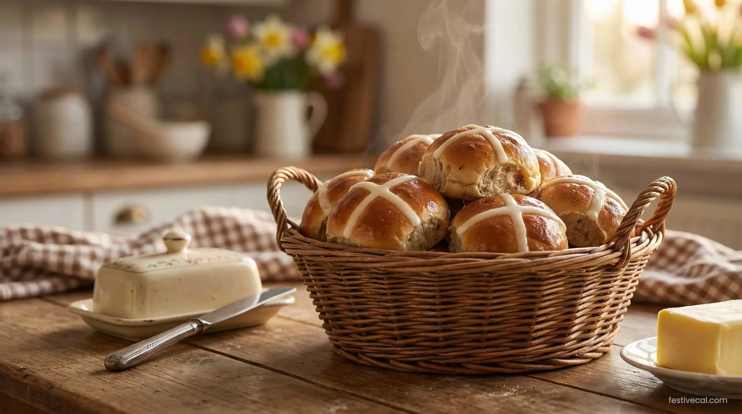 Traditional Hot Cross Buns in a basket, a classic Easter recipe.