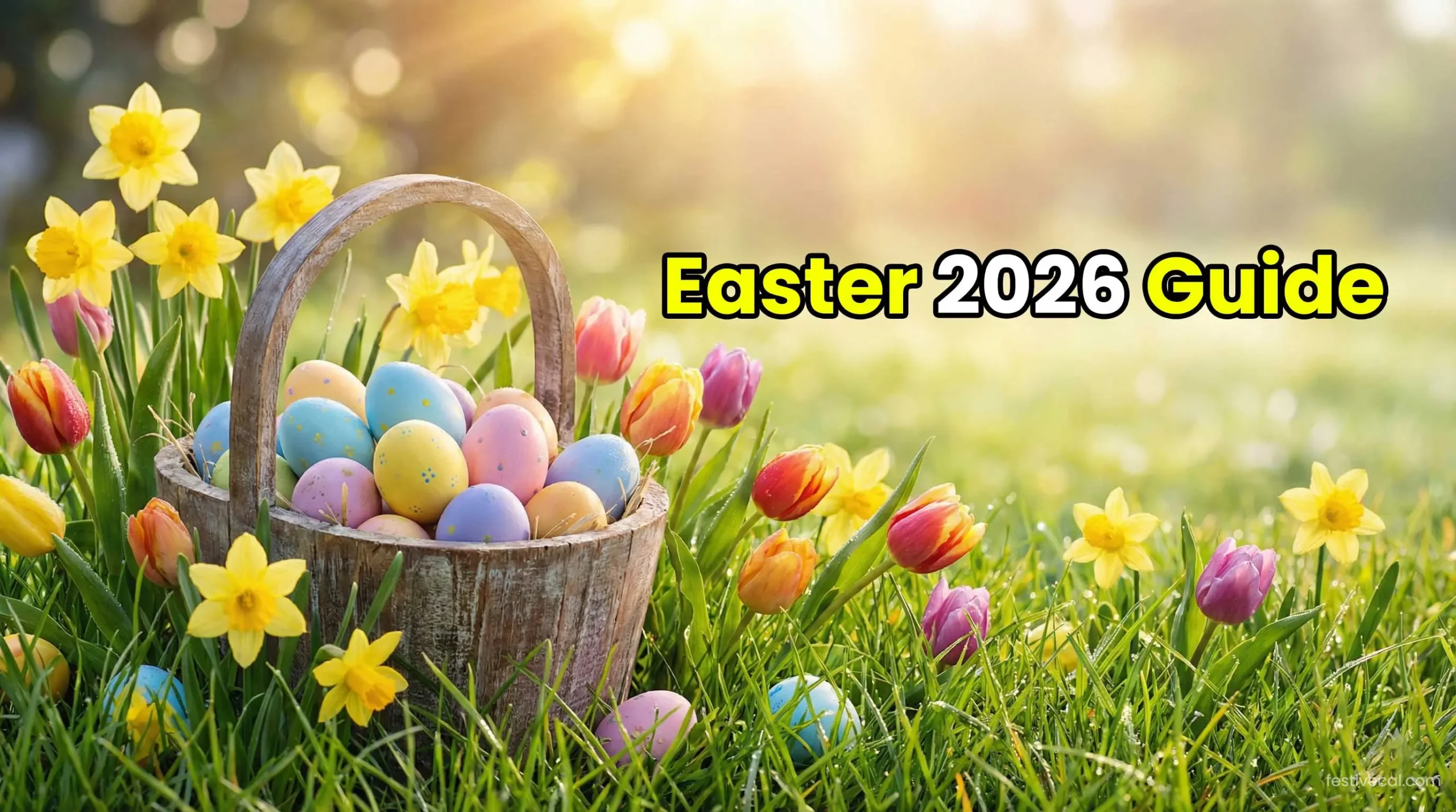 Easter 2026 celebration guide with basket and spring flowers.