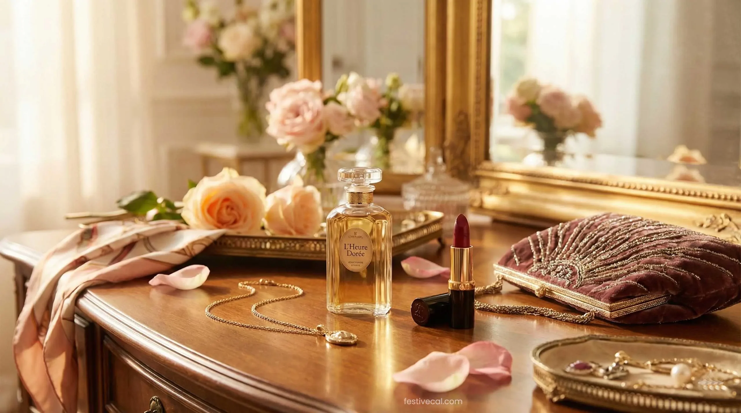 Fashion accessories and perfume for a Valentine's Day date night.