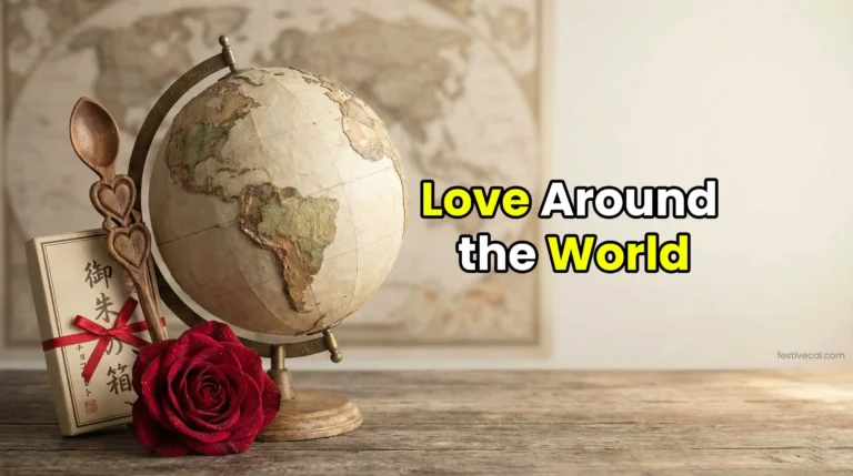 Symbols of Valentine's Day traditions from around the world.