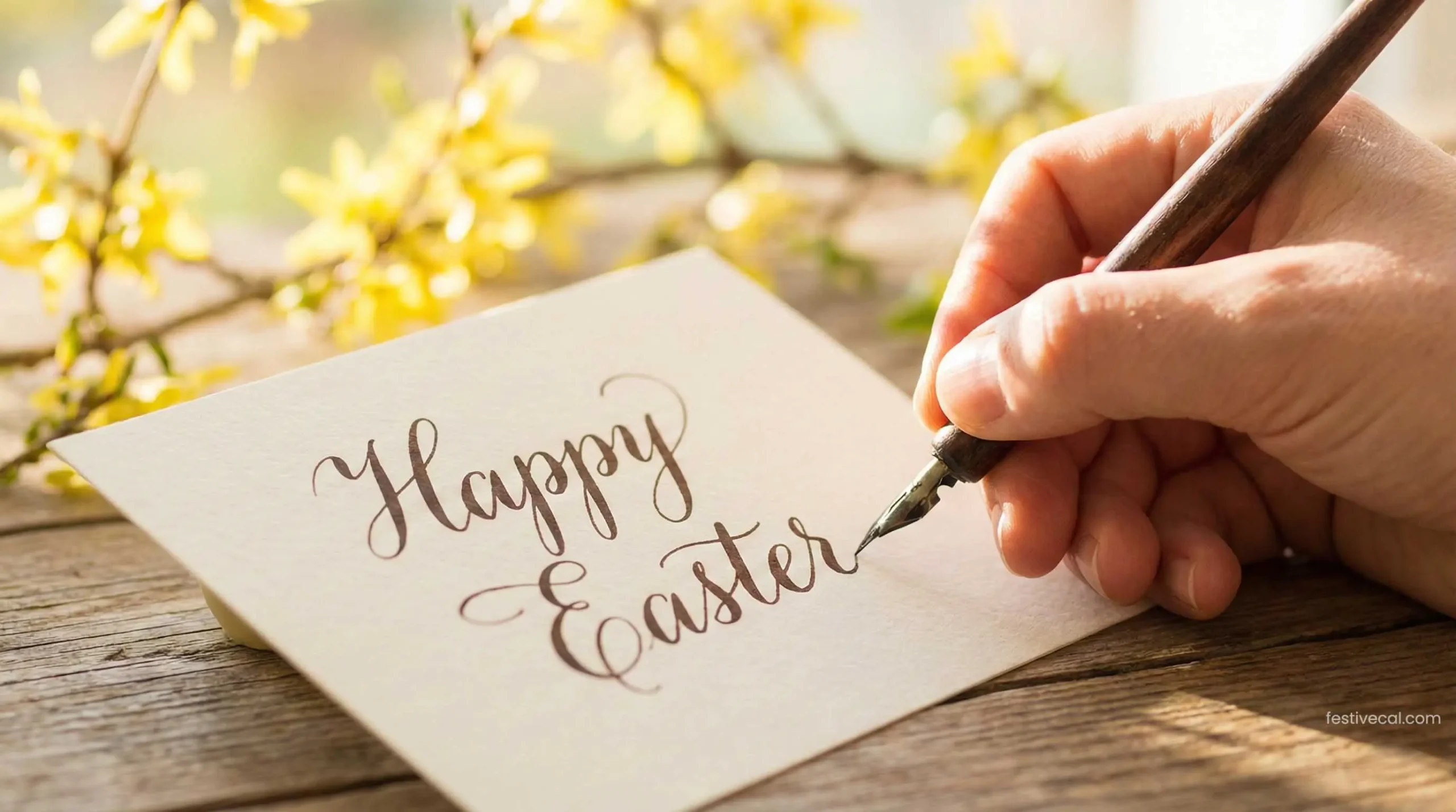 Writing Happy Easter wishes on a greeting card.