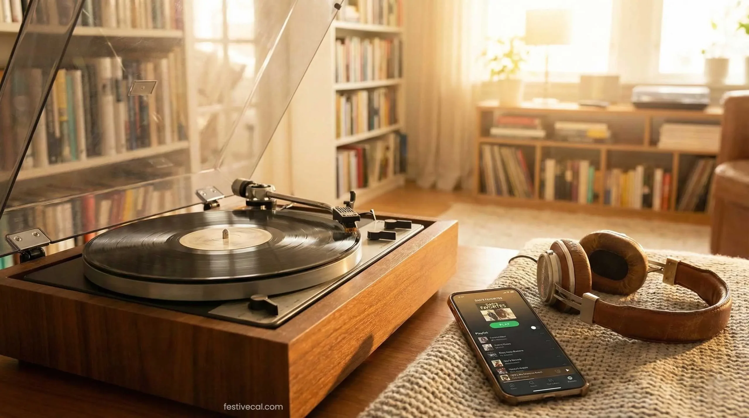 Curated Father's Day music playlist on a vinyl player.