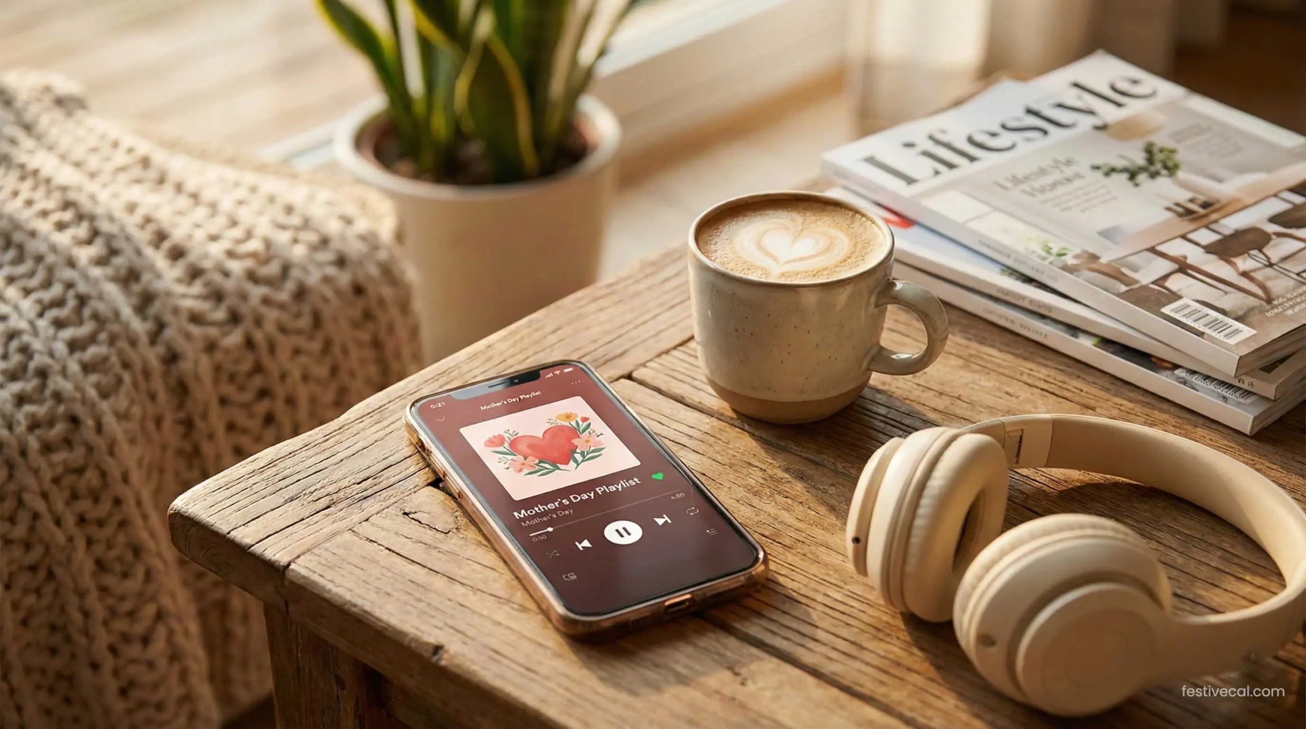 Smartphone showing a curated Mother's Day music playlist.