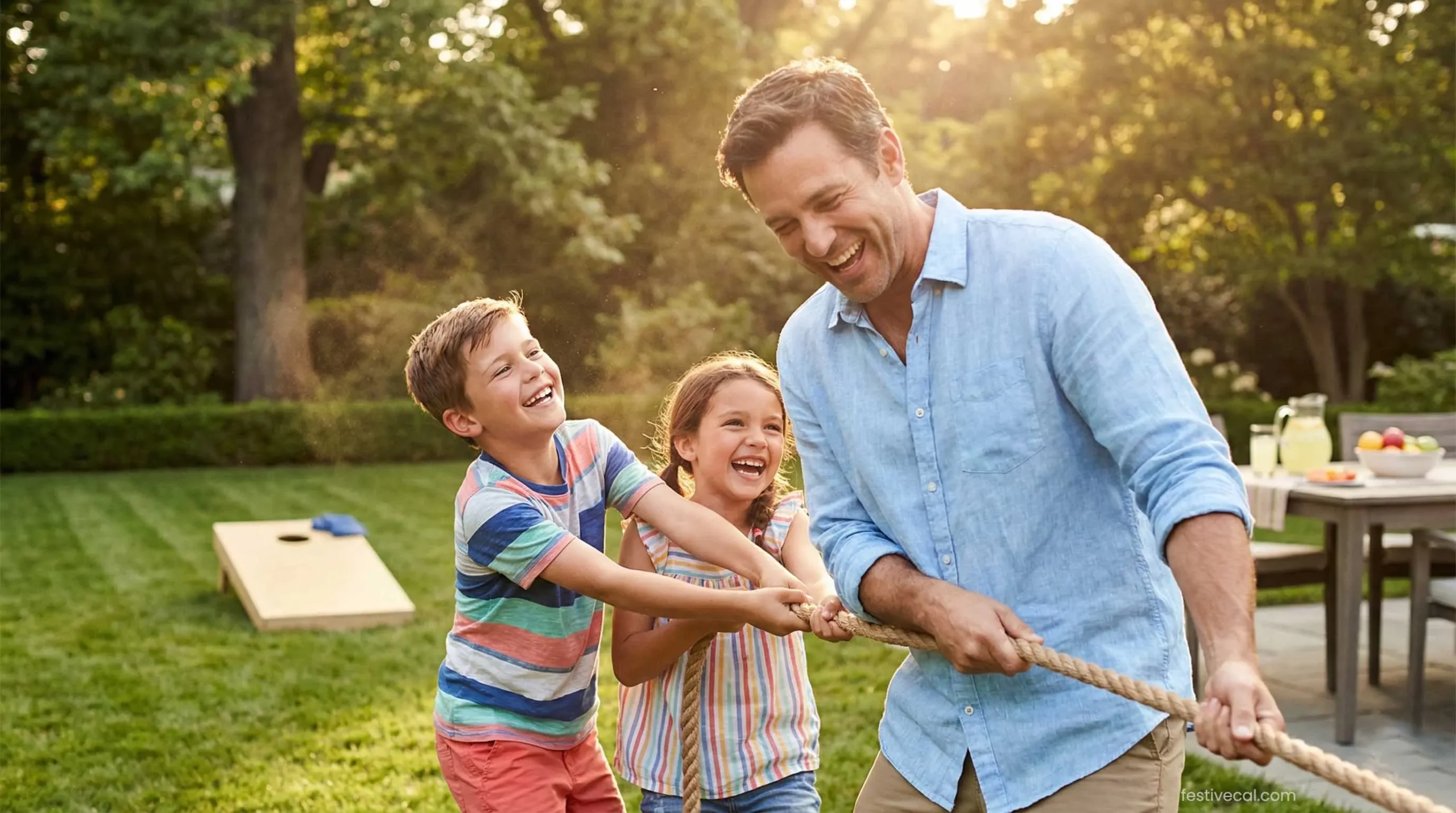 Family playing outdoor Father's Day games in the backyard.