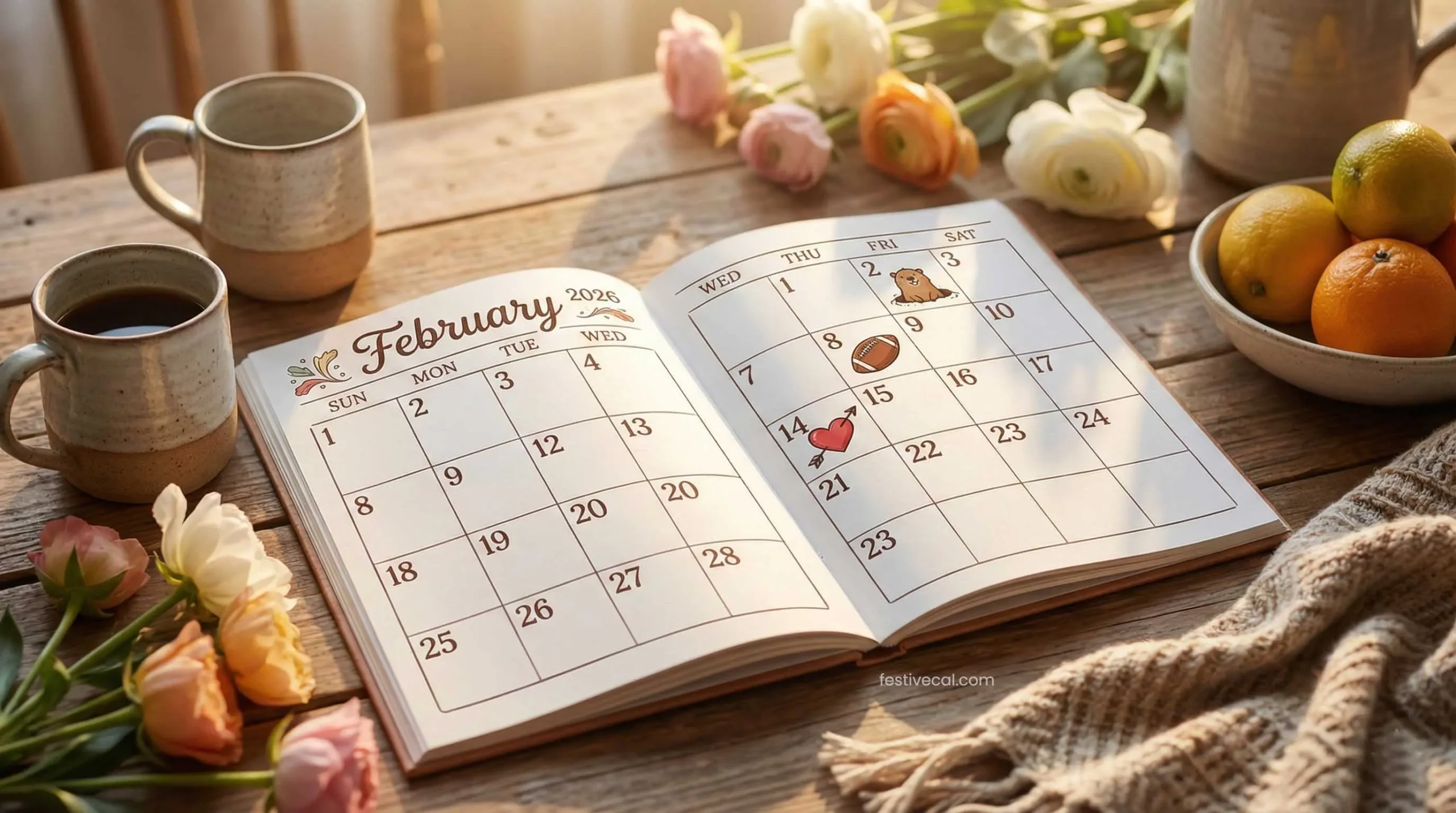 February 2026 calendar with holidays like Super Bowl and Valentine's Day marked.