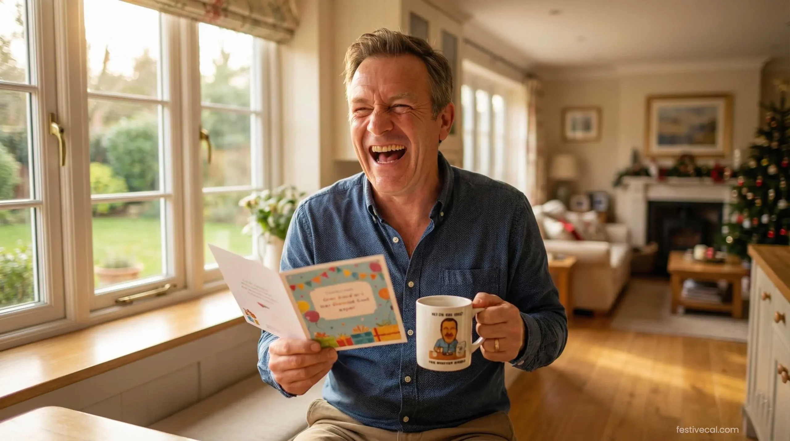Husband laughing at a funny appreciation day card.