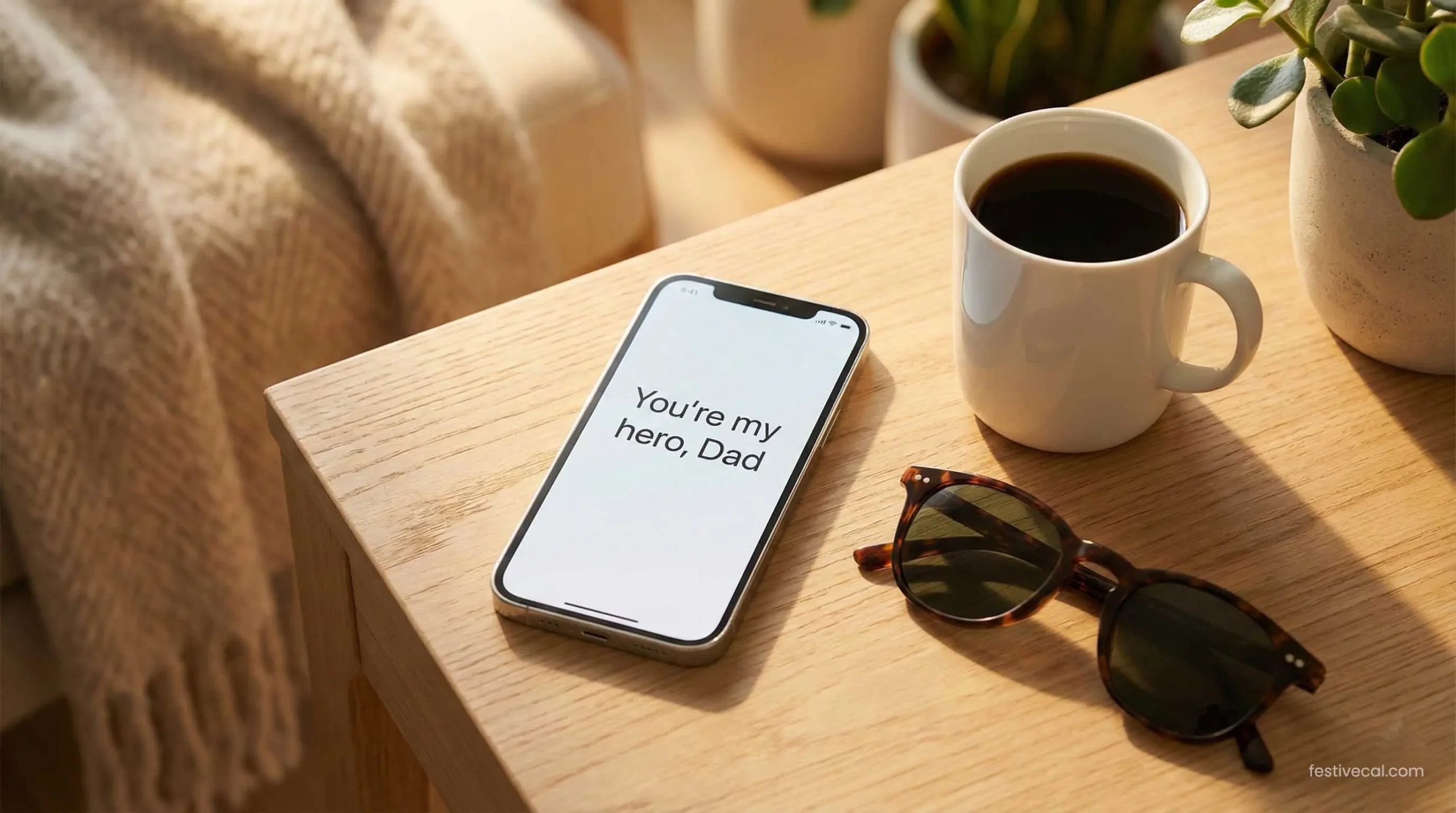 Short Father's Day text message on phone screen.