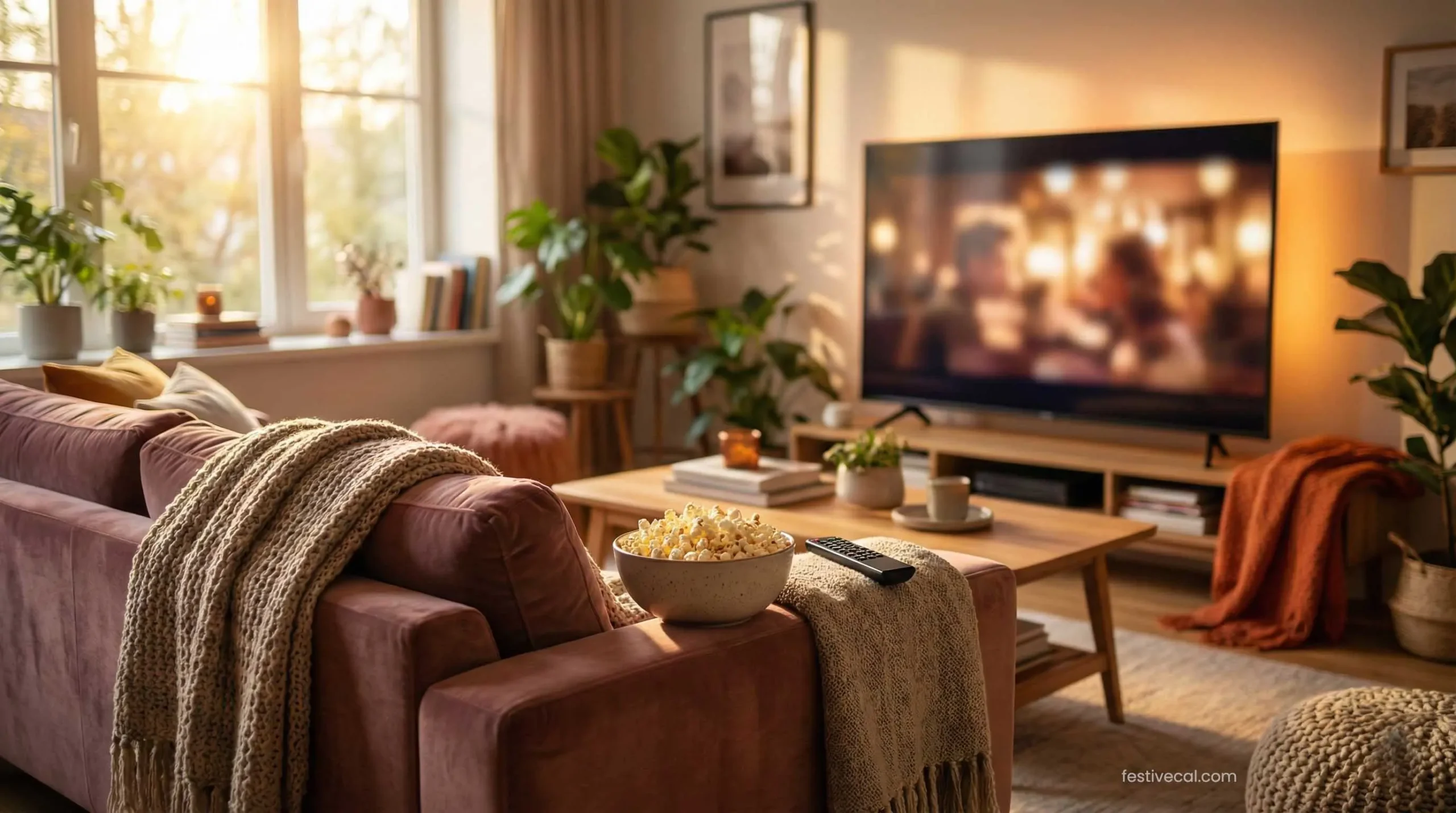 Cozy living room setup for a Mother's Day movie marathon.